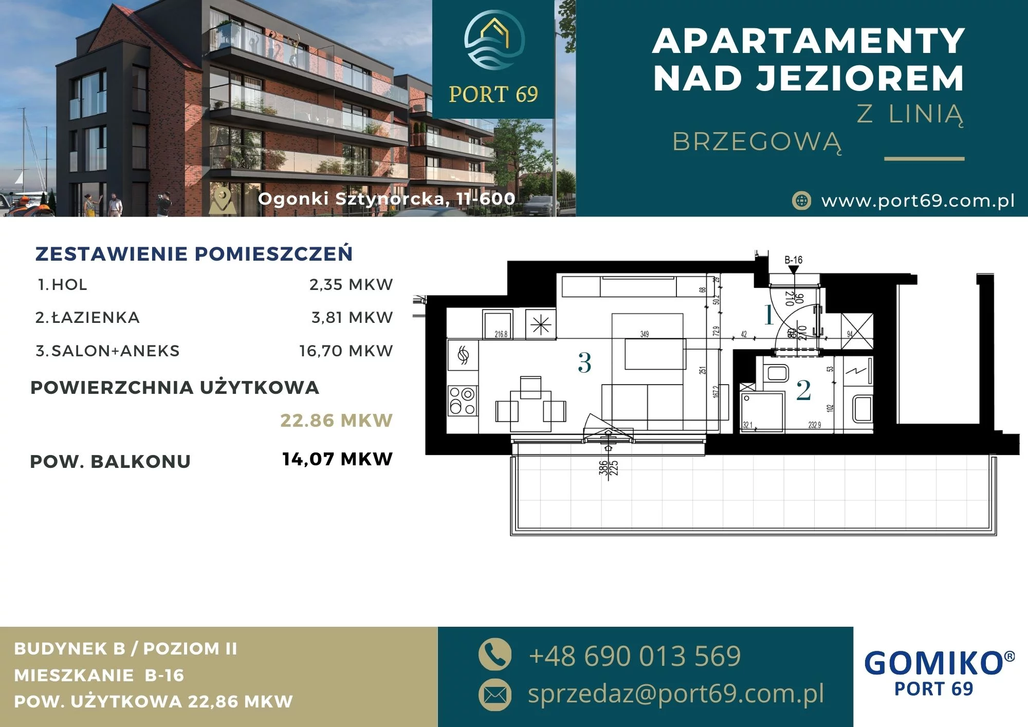 1 pokój, mieszkanie 22,86 m², piętro 2, oferta nr B-16, Port 69, Ogonki, ul. Sztynorcka 2