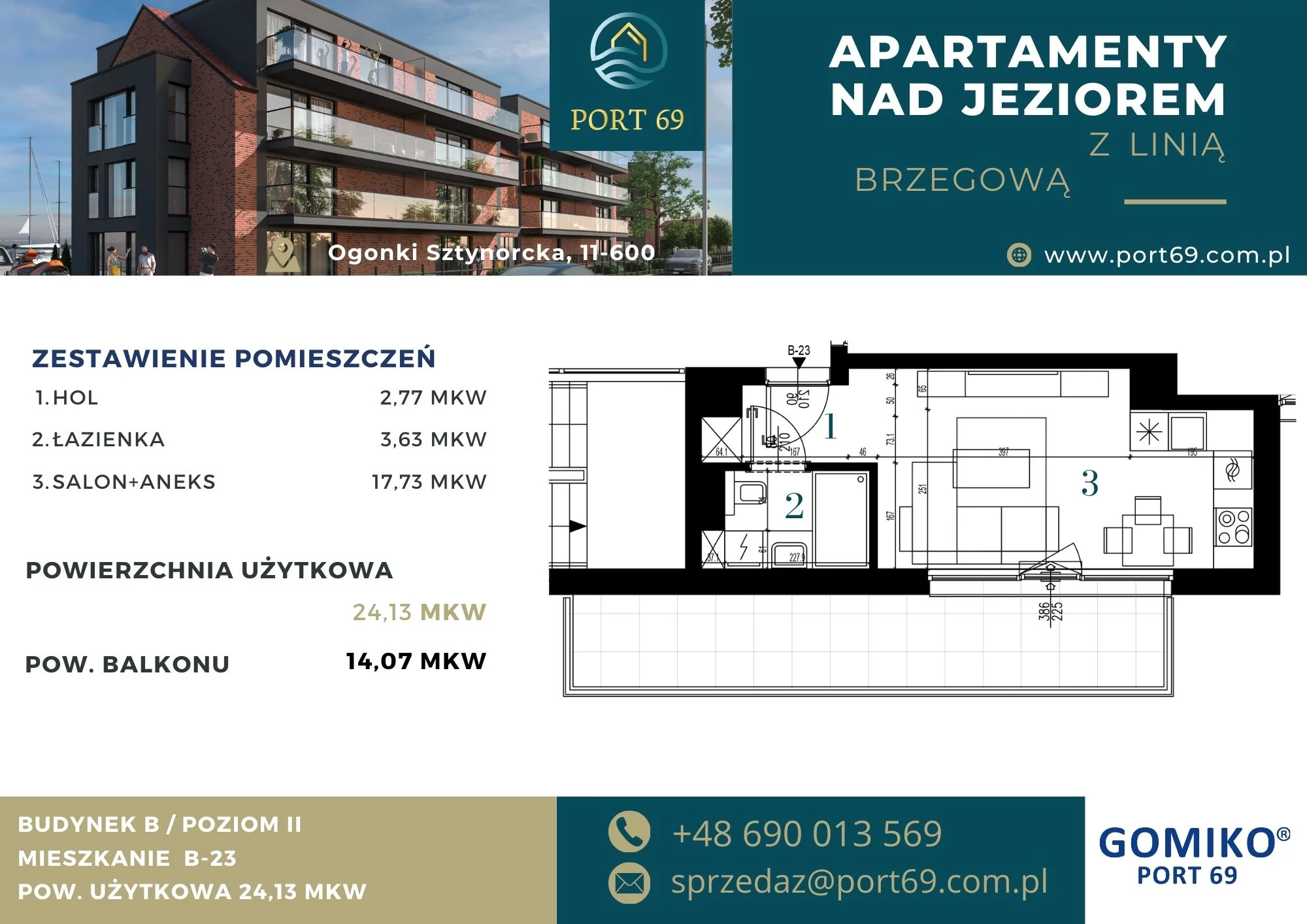 1 pokój, mieszkanie 24,13 m², piętro 2, oferta nr B-23, Port 69, Ogonki, ul. Sztynorcka 2