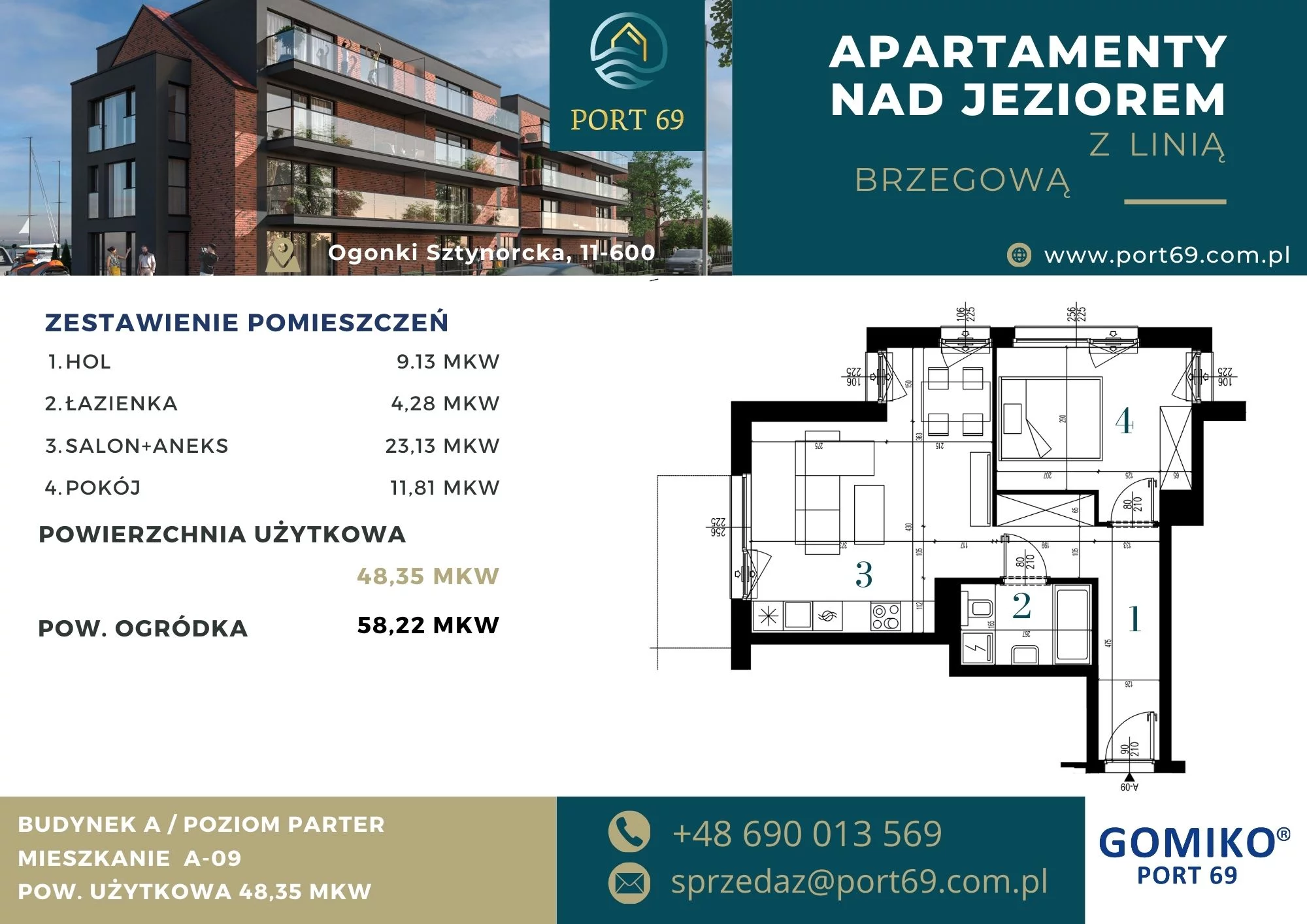 2 pokoje, mieszkanie 48,35 m², parter, oferta nr A-09, Port 69, Ogonki, ul. Sztynorcka 2