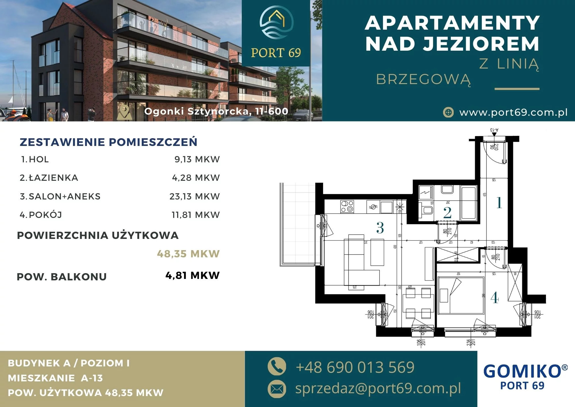 2 pokoje, mieszkanie 48,35 m², piętro 1, oferta nr A-13, Port 69, Ogonki, ul. Sztynorcka 2