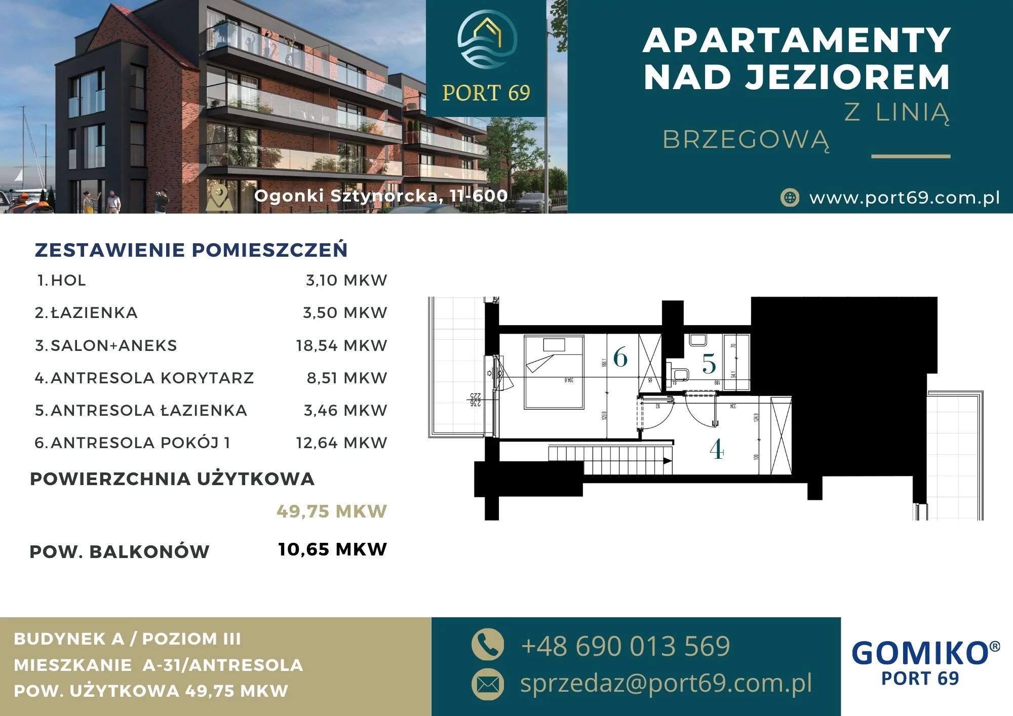 2 pokoje, mieszkanie 49,75 m², piętro 2, oferta nr A-31, Port 69, Ogonki, ul. Sztynorcka 2