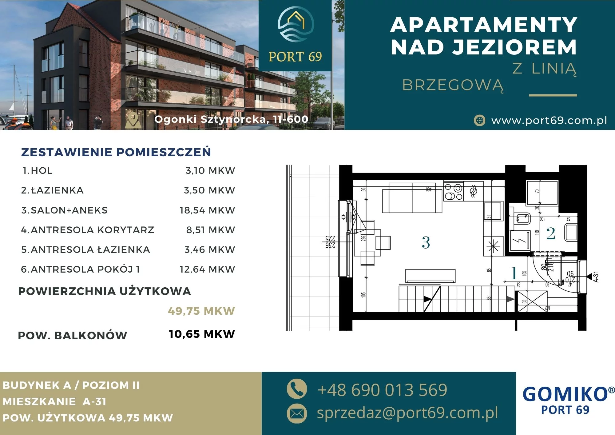 2 pokoje, mieszkanie 49,75 m², piętro 2, oferta nr A-31, Port 69, Ogonki, ul. Sztynorcka 2