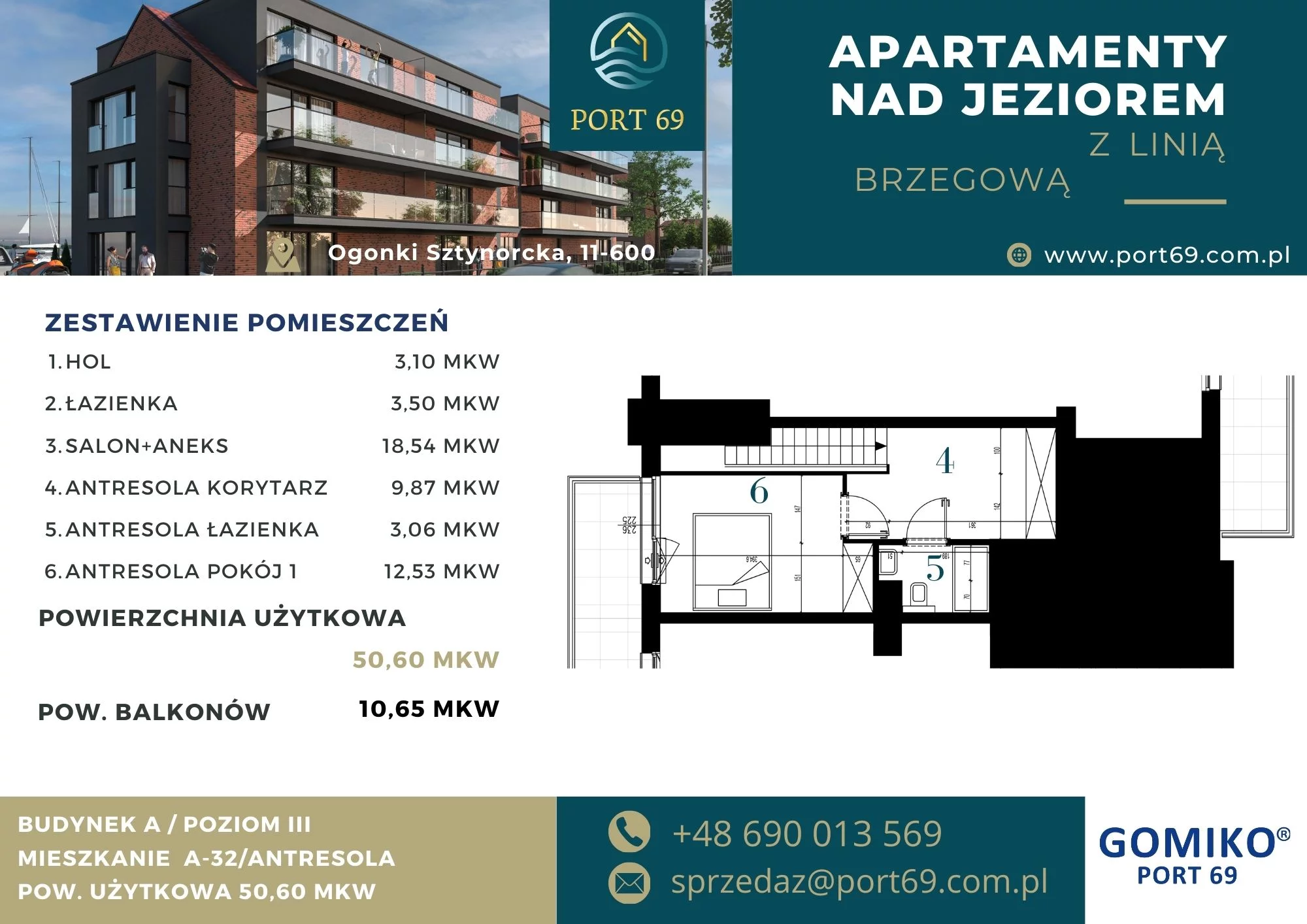 2 pokoje, mieszkanie 50,60 m², piętro 2, oferta nr A-32, Port 69, Ogonki, ul. Sztynorcka 2