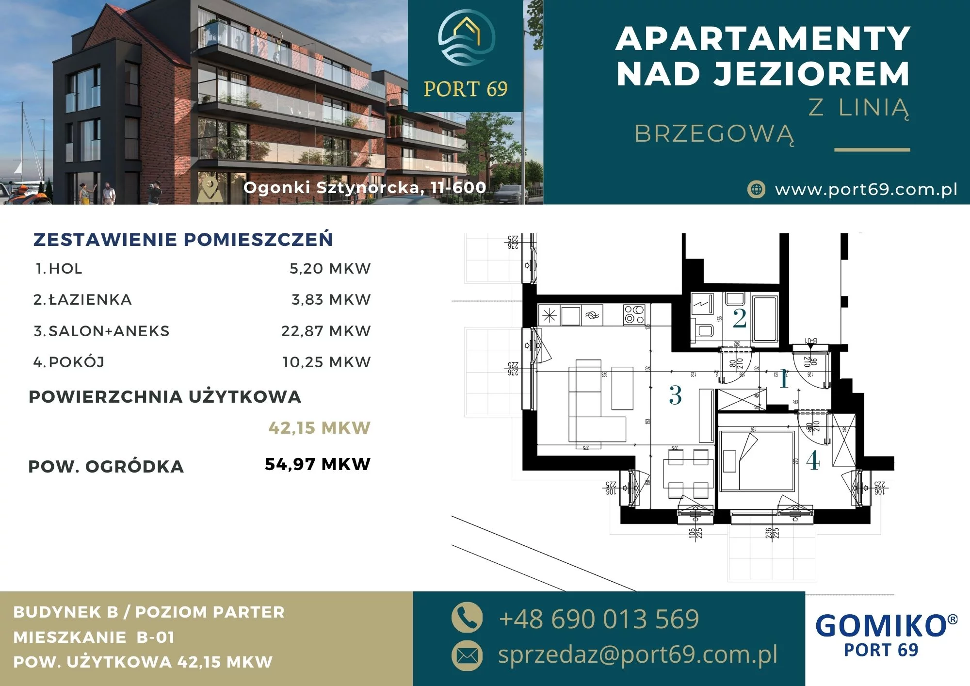 2 pokoje, mieszkanie 42,15 m², parter, oferta nr B-01, Port 69, Ogonki, ul. Sztynorcka 2