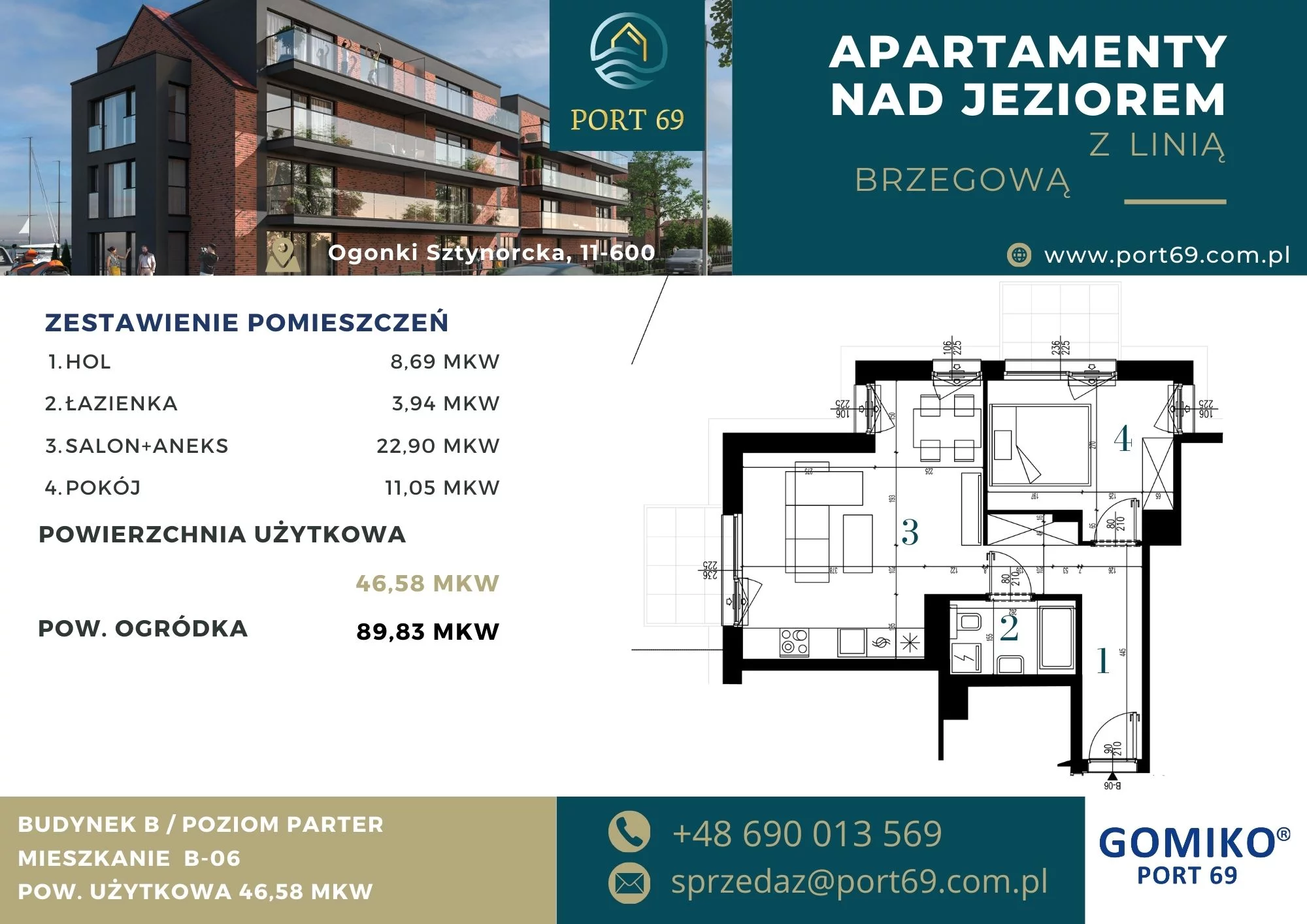 2 pokoje, mieszkanie 46,58 m², parter, oferta nr B-06, Port 69, Ogonki, ul. Sztynorcka 2