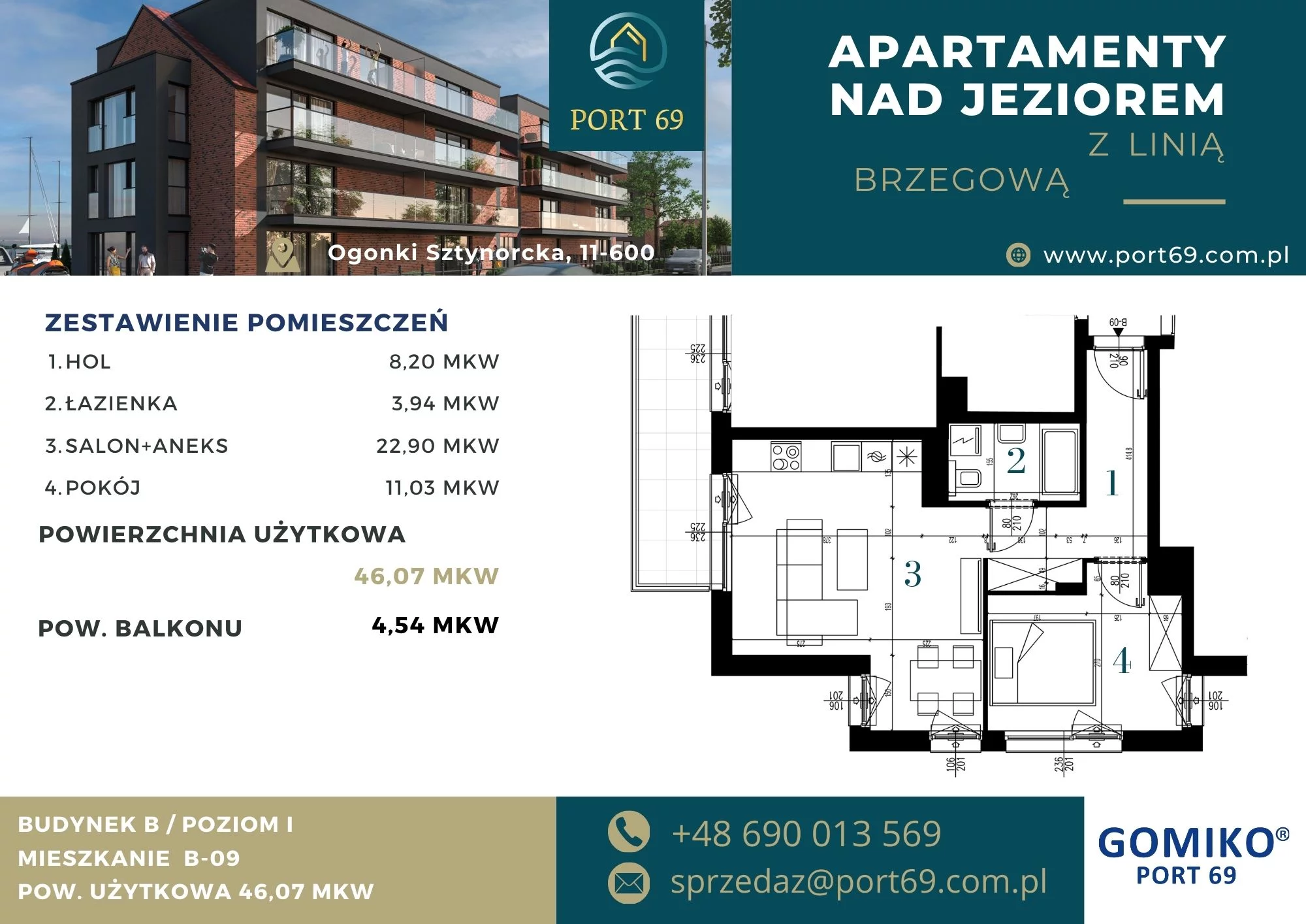 2 pokoje, mieszkanie 46,07 m², piętro 1, oferta nr B-09, Port 69, Ogonki, ul. Sztynorcka 2