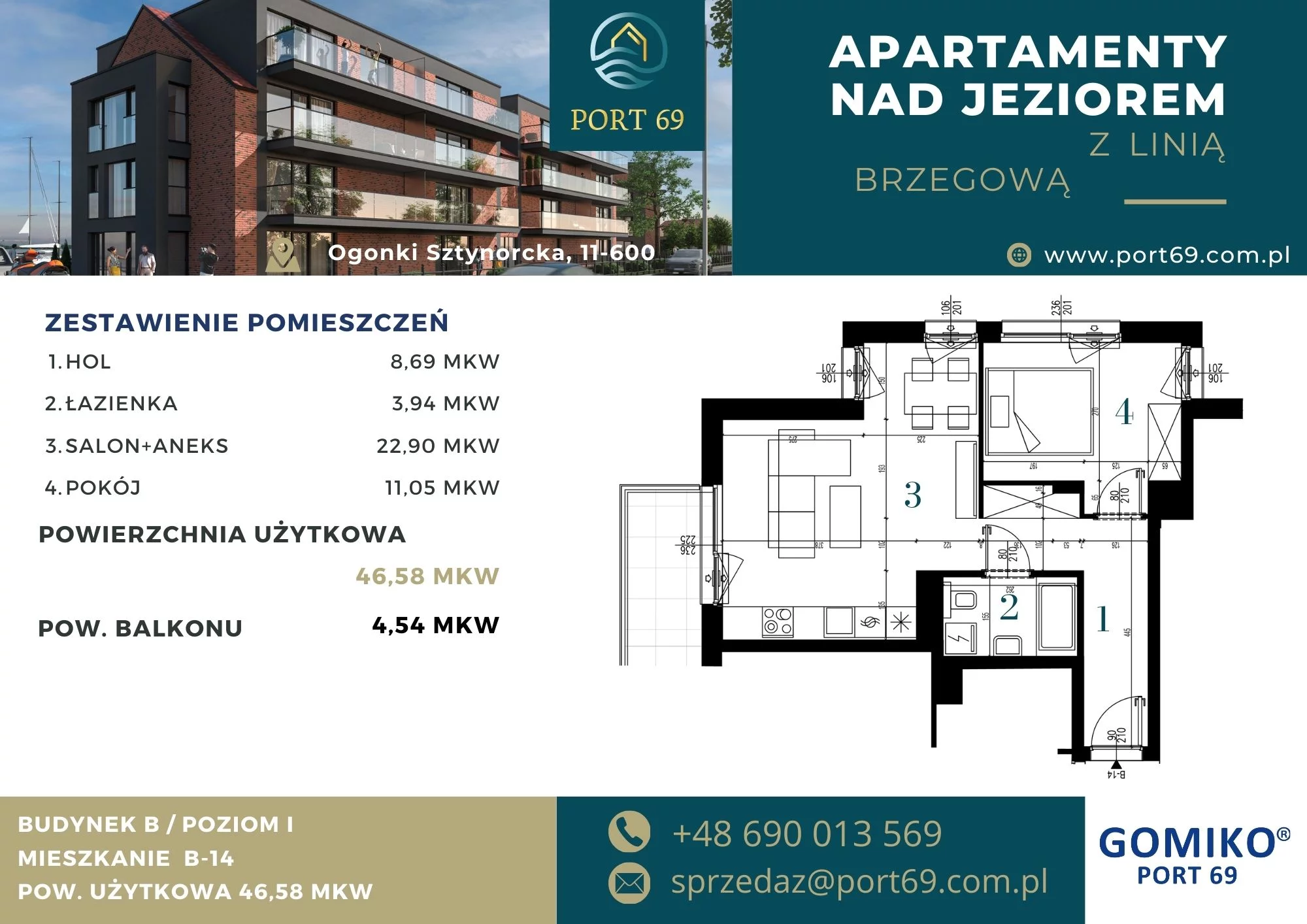 2 pokoje, mieszkanie 46,58 m², piętro 1, oferta nr B-14, Port 69, Ogonki, ul. Sztynorcka 2