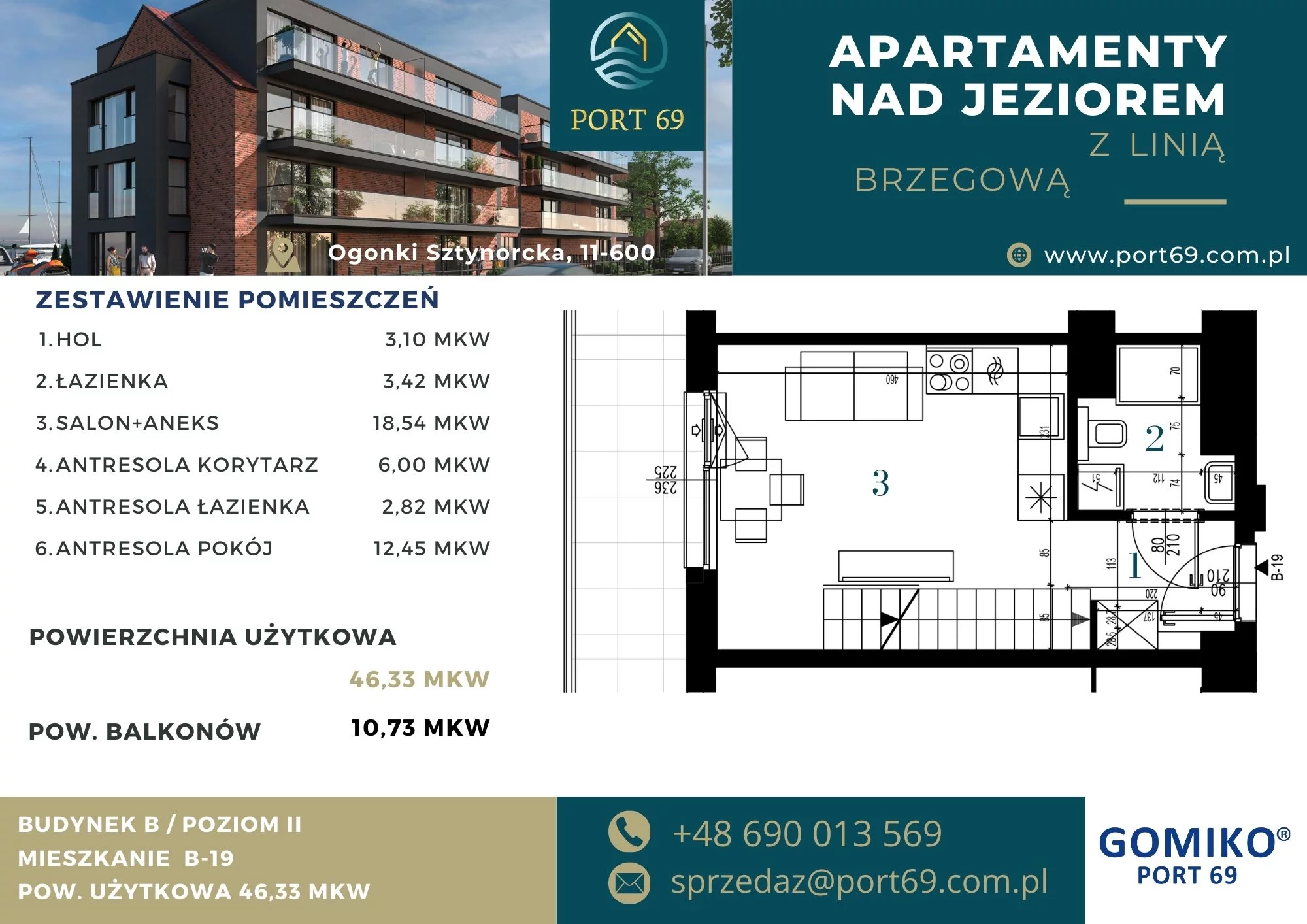 2 pokoje, mieszkanie 46,33 m², piętro 2, oferta nr B-19, Port 69, Ogonki, ul. Sztynorcka 2