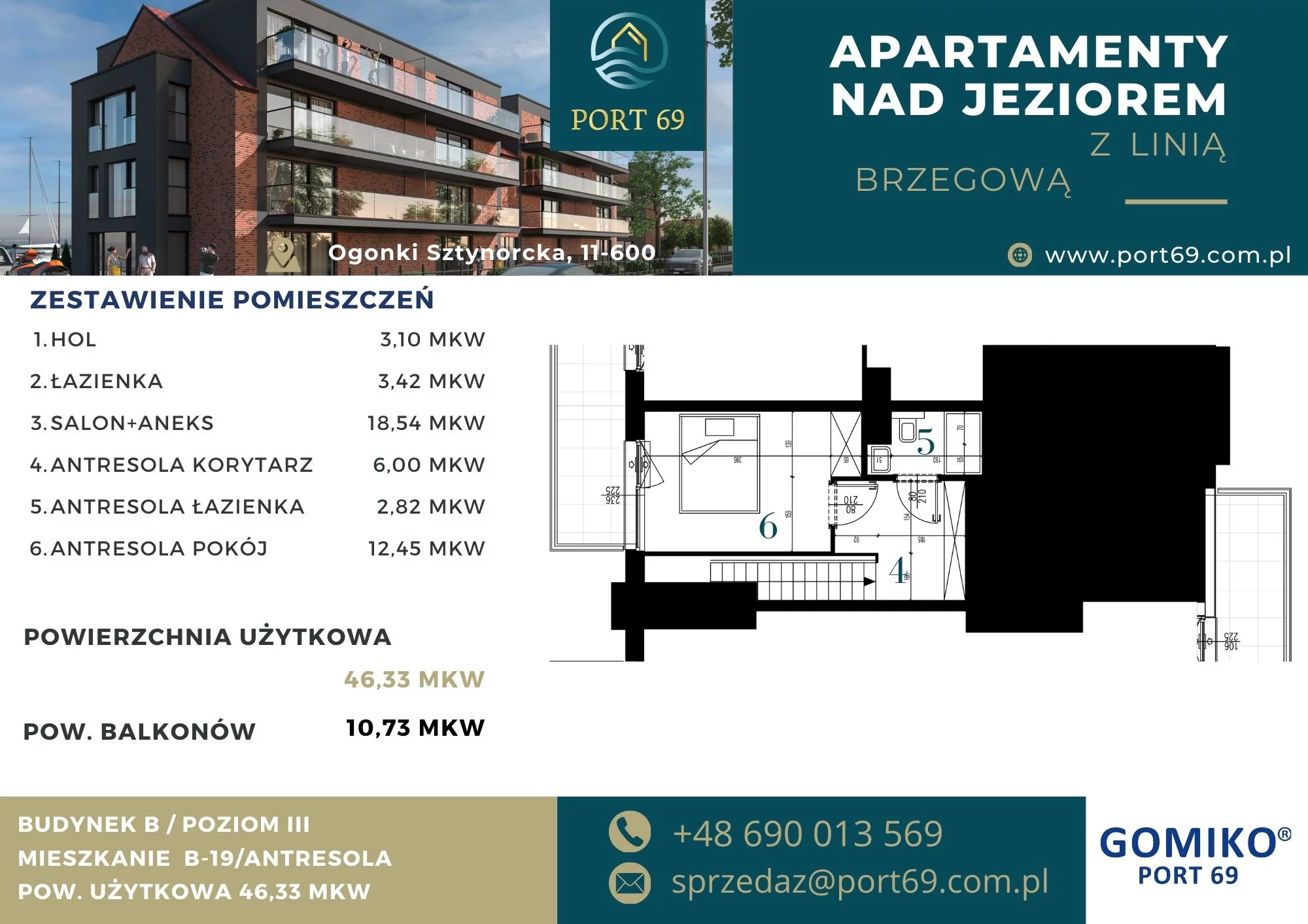 2 pokoje, mieszkanie 46,33 m², piętro 2, oferta nr B-19, Port 69, Ogonki, ul. Sztynorcka 2