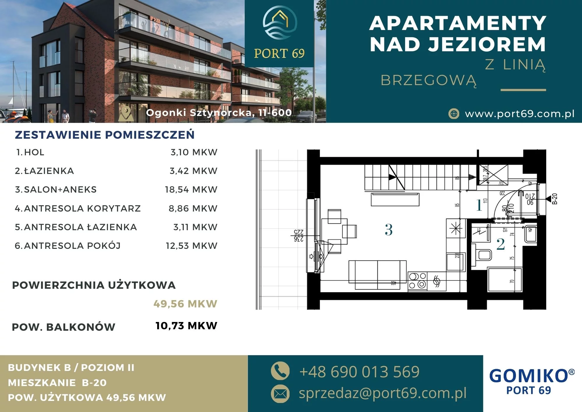 2 pokoje, mieszkanie 49,56 m², piętro 2, oferta nr B-20, Port 69, Ogonki, ul. Sztynorcka 2