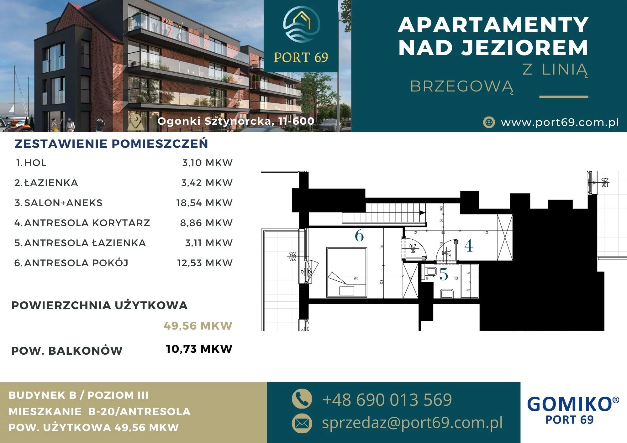 2 pokoje, mieszkanie 49,56 m², piętro 2, oferta nr B-20, Port 69, Ogonki, ul. Sztynorcka 2