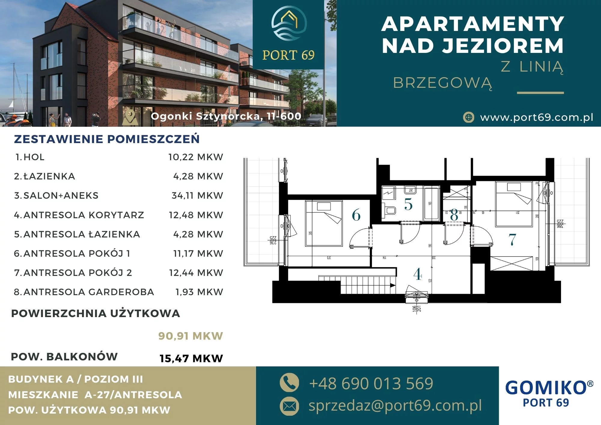 3 pokoje, mieszkanie 90,91 m², piętro 2, oferta nr A-27, Port 69, Ogonki, ul. Sztynorcka 2