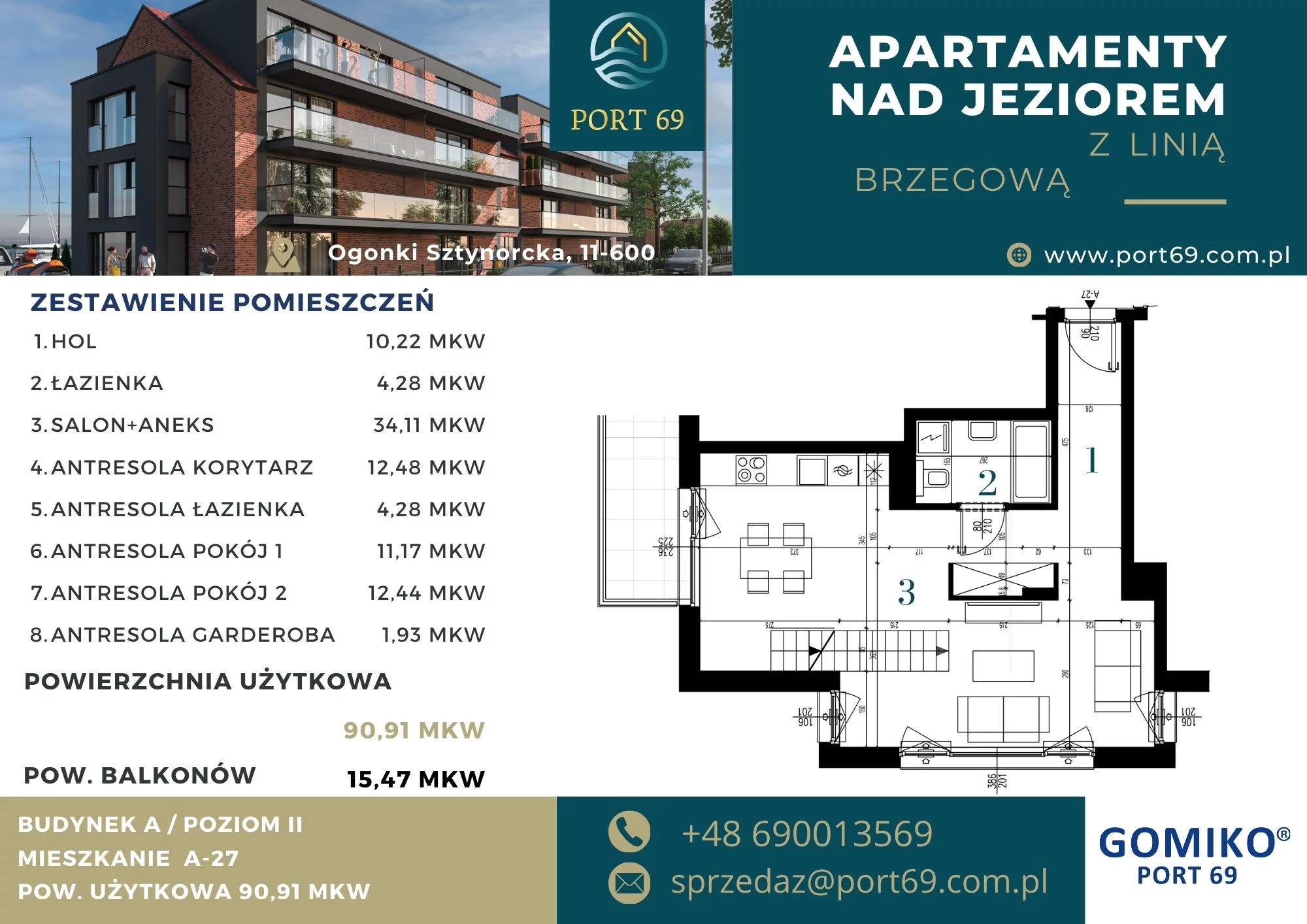 3 pokoje, mieszkanie 90,91 m², piętro 2, oferta nr A-27, Port 69, Ogonki, ul. Sztynorcka 2