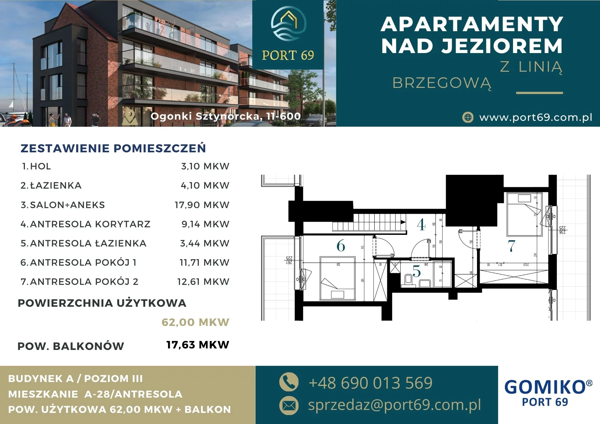 3 pokoje, mieszkanie 62,00 m², piętro 2, oferta nr A-28, Port 69, Ogonki, ul. Sztynorcka 2