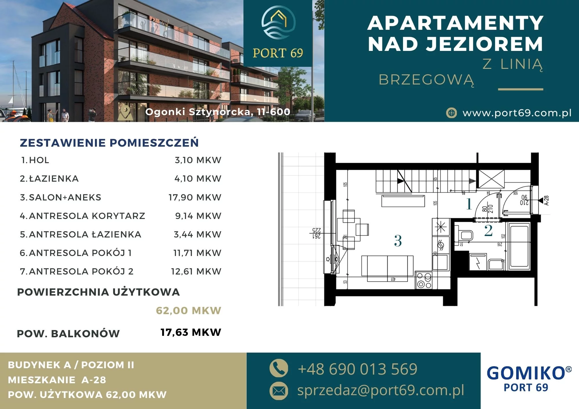 3 pokoje, mieszkanie 62,00 m², piętro 2, oferta nr A-28, Port 69, Ogonki, ul. Sztynorcka 2