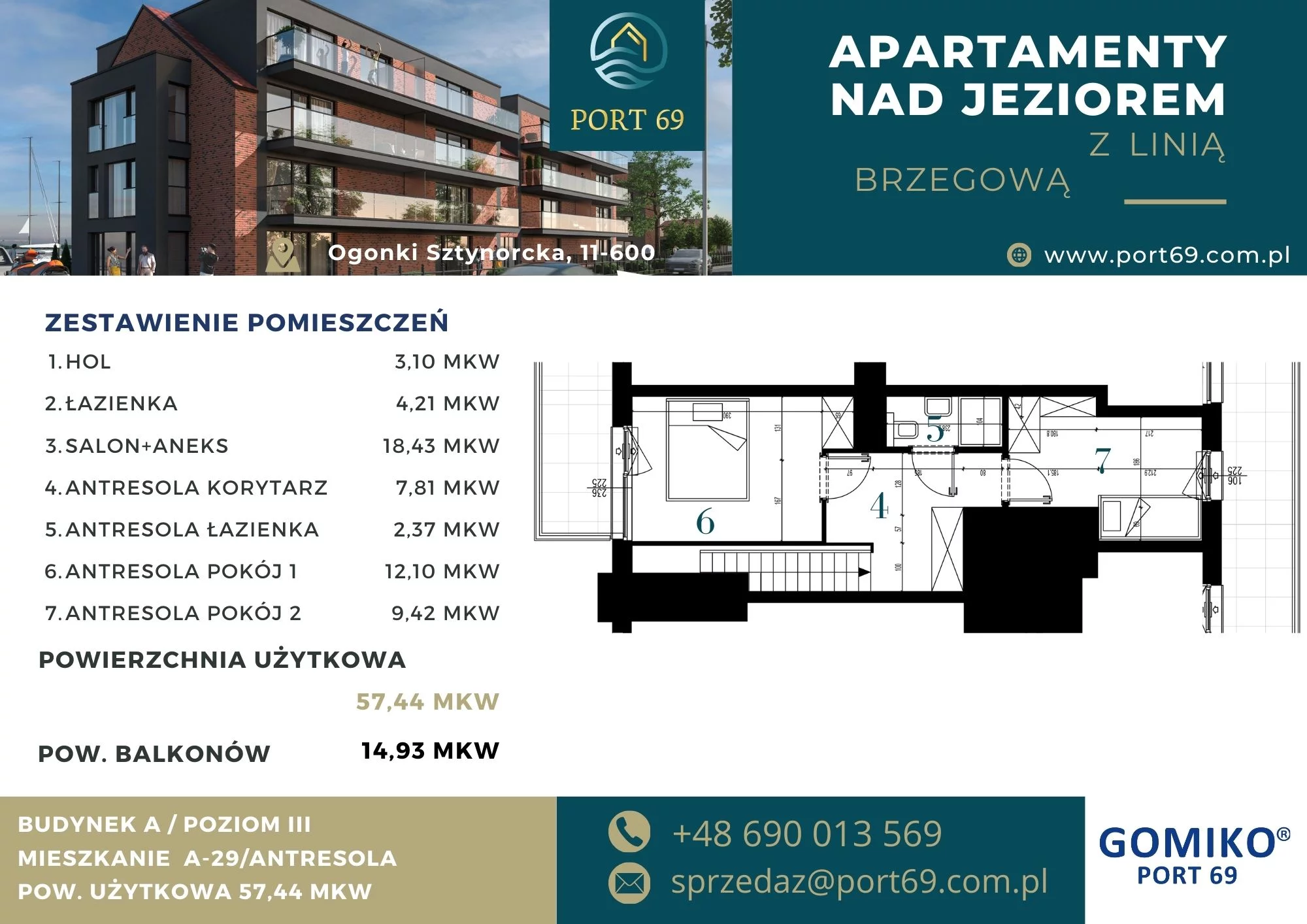 3 pokoje, mieszkanie 57,44 m², piętro 2, oferta nr A-29, Port 69, Ogonki, ul. Sztynorcka 2