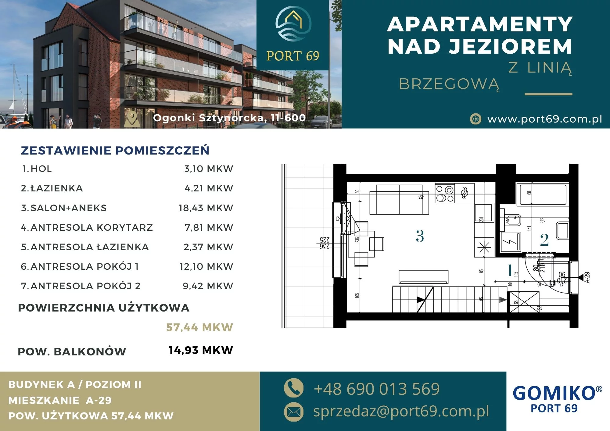 3 pokoje, mieszkanie 57,44 m², piętro 2, oferta nr A-29, Port 69, Ogonki, ul. Sztynorcka 2