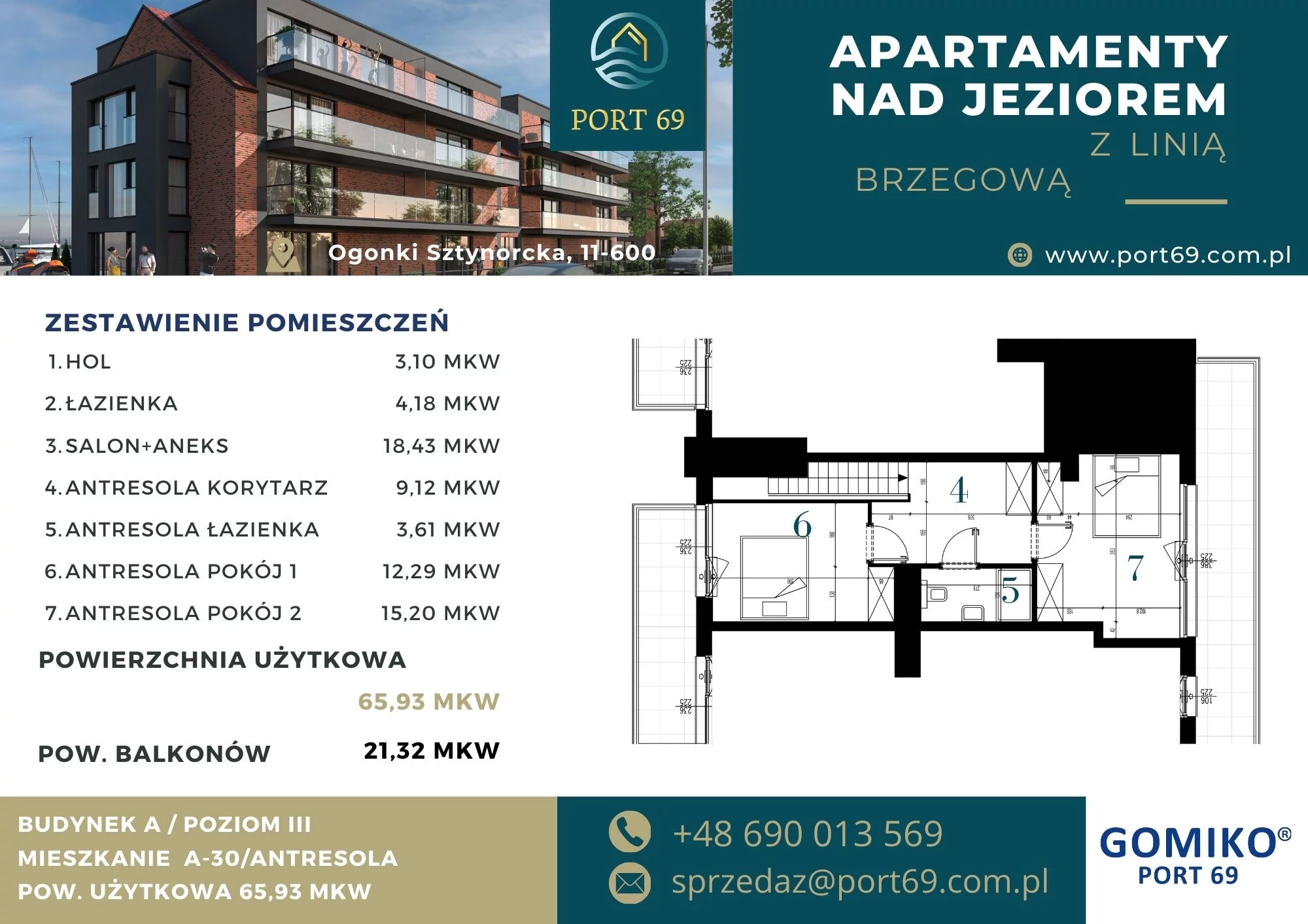 3 pokoje, mieszkanie 65,93 m², piętro 2, oferta nr A-30, Port 69, Ogonki, ul. Sztynorcka 2