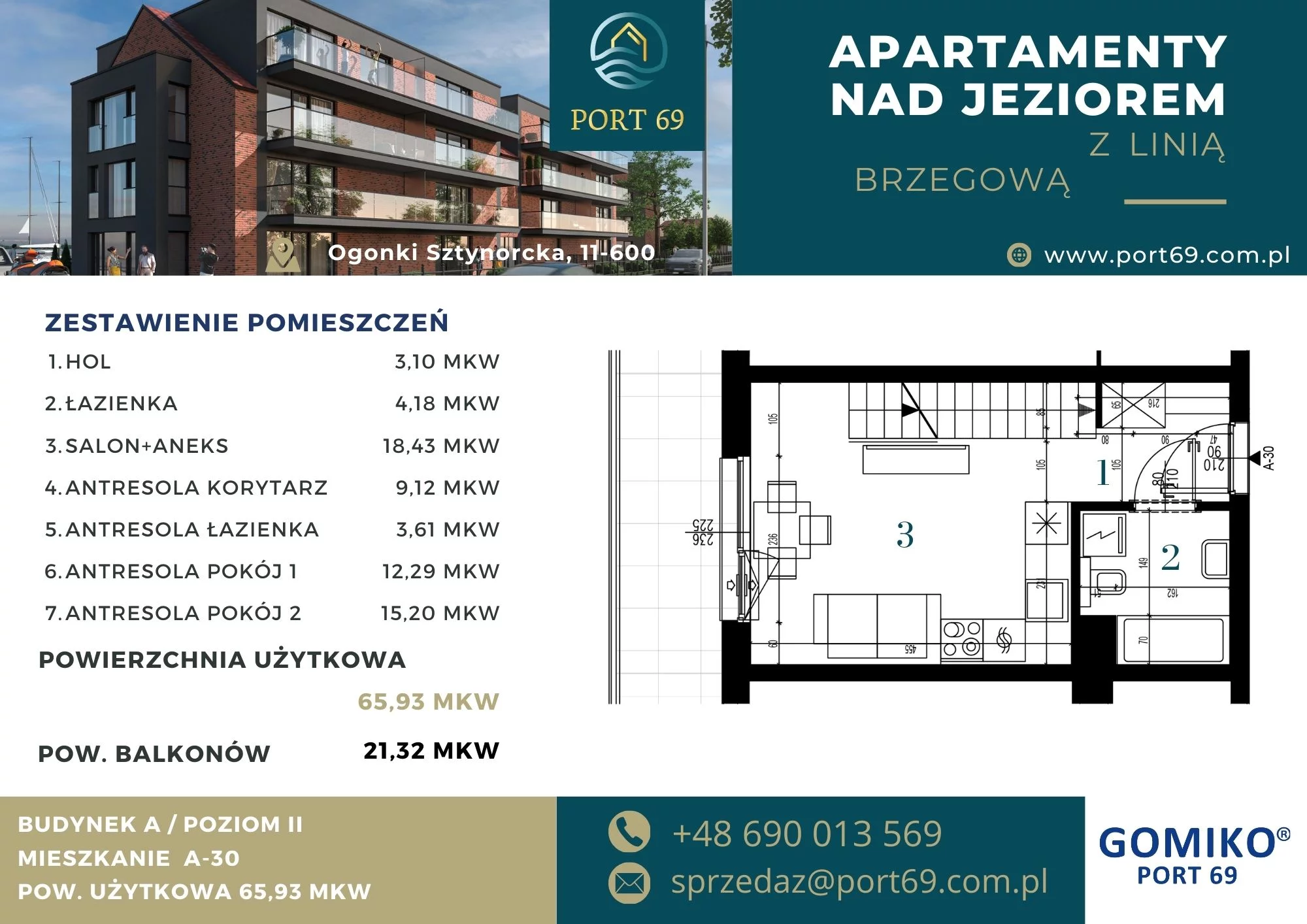 3 pokoje, mieszkanie 65,93 m², piętro 2, oferta nr A-30, Port 69, Ogonki, ul. Sztynorcka 2