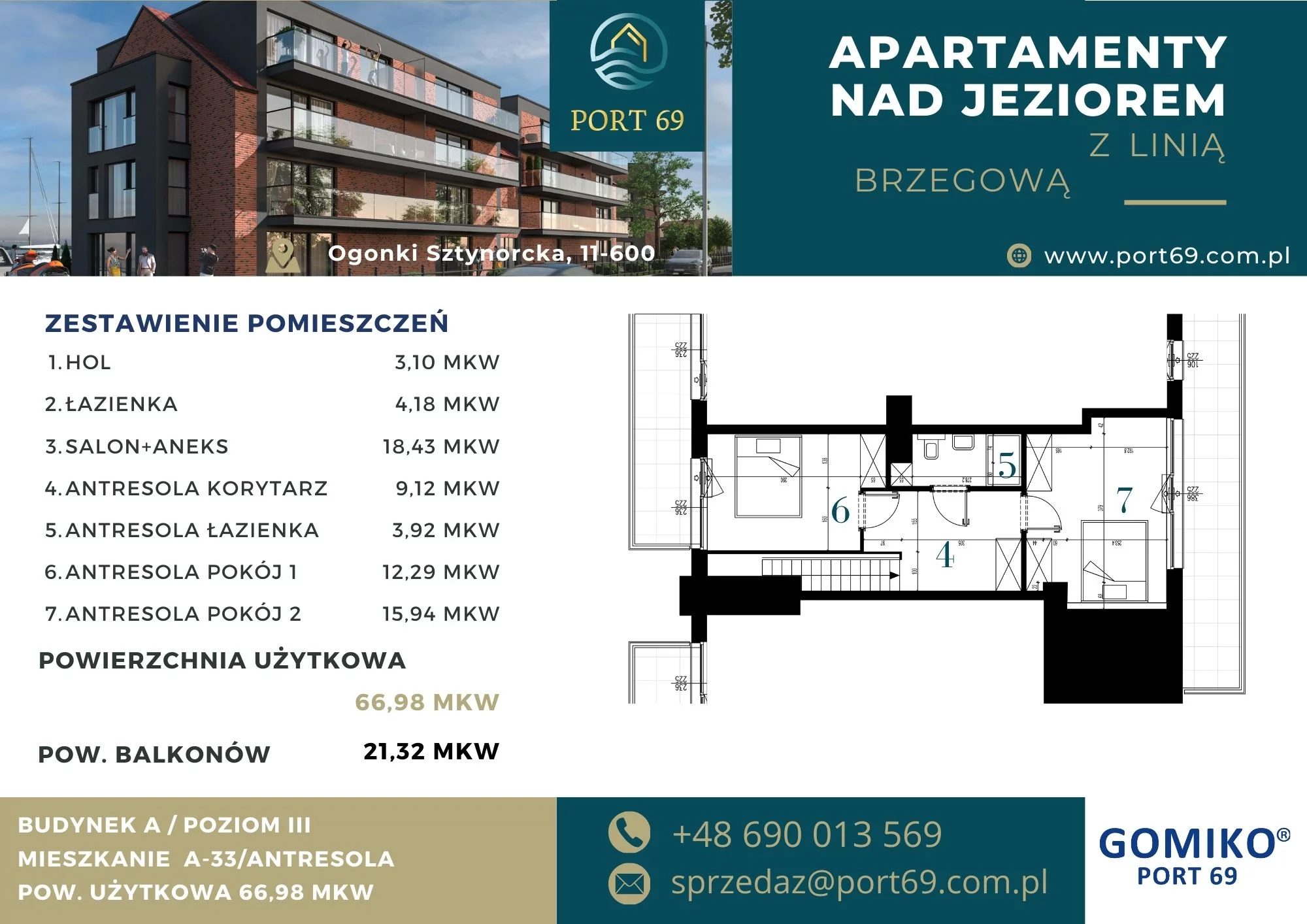3 pokoje, mieszkanie 66,98 m², piętro 2, oferta nr A-33, Port 69, Ogonki, ul. Sztynorcka 2