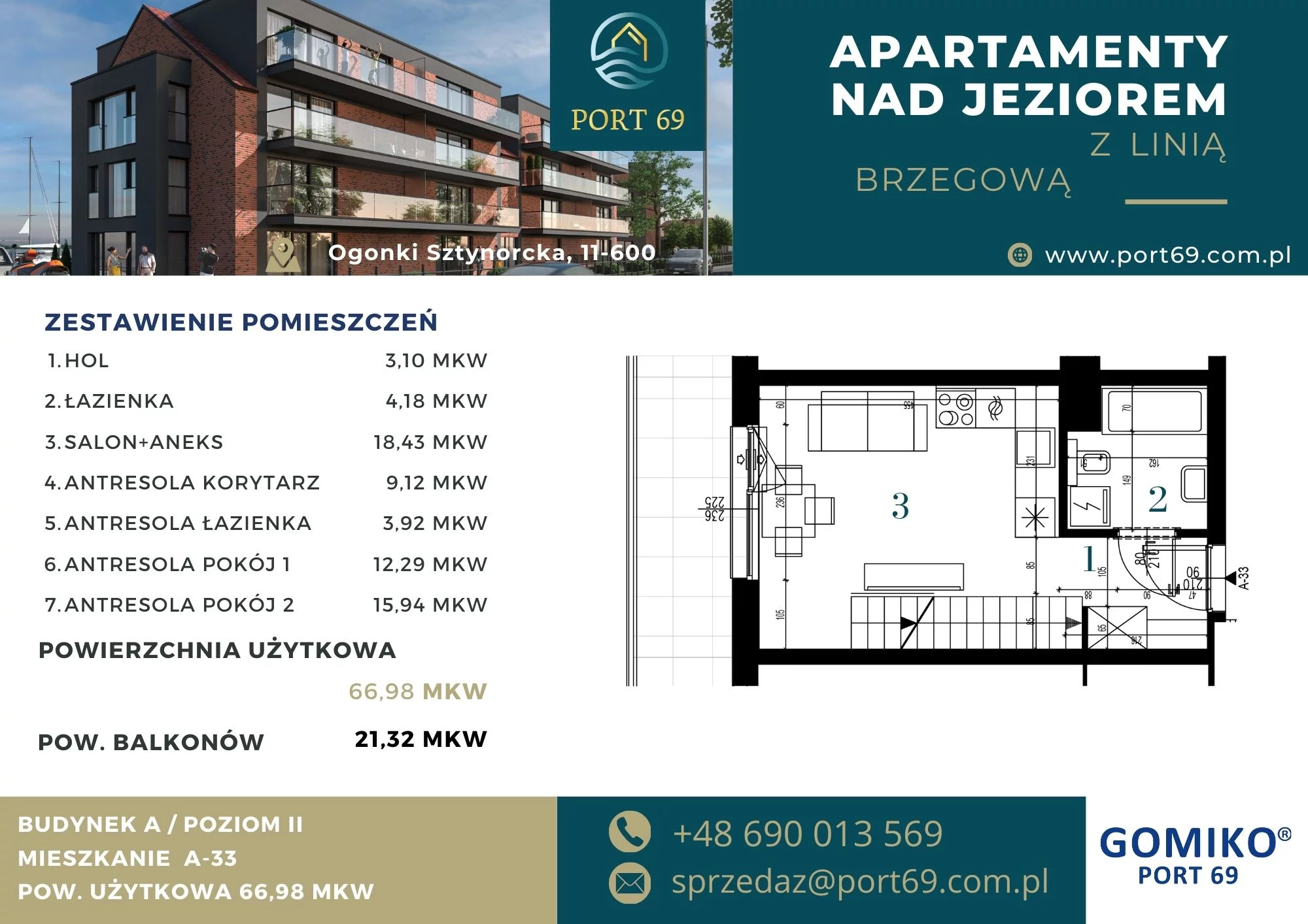 3 pokoje, mieszkanie 66,98 m², piętro 2, oferta nr A-33, Port 69, Ogonki, ul. Sztynorcka 2