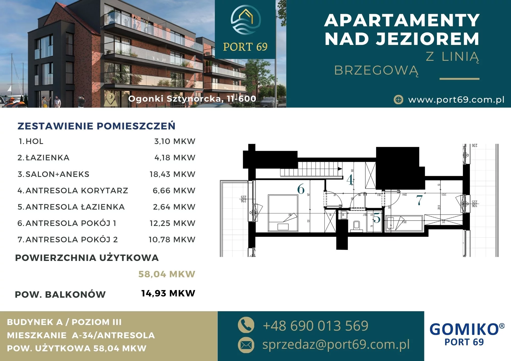 3 pokoje, mieszkanie 58,04 m², piętro 2, oferta nr A-34, Port 69, Ogonki, ul. Sztynorcka 2