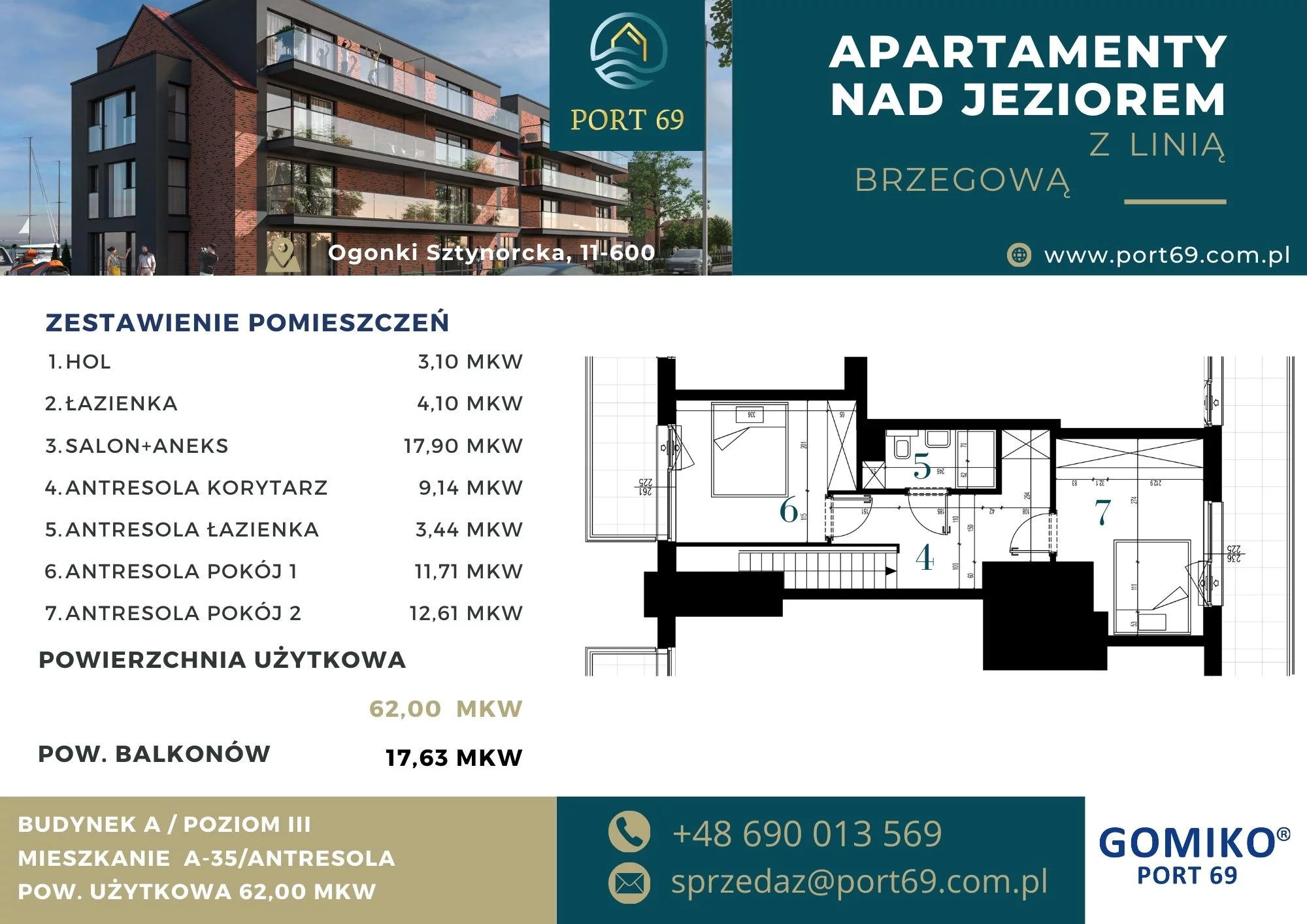 3 pokoje, mieszkanie 62,00 m², piętro 2, oferta nr A-35, Port 69, Ogonki, ul. Sztynorcka 2