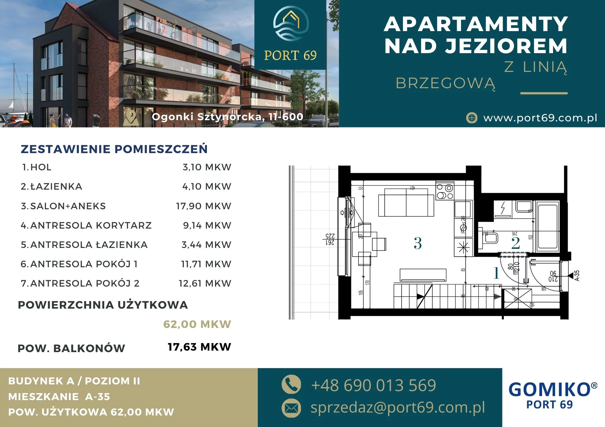 3 pokoje, mieszkanie 62,00 m², piętro 2, oferta nr A-35, Port 69, Ogonki, ul. Sztynorcka 2