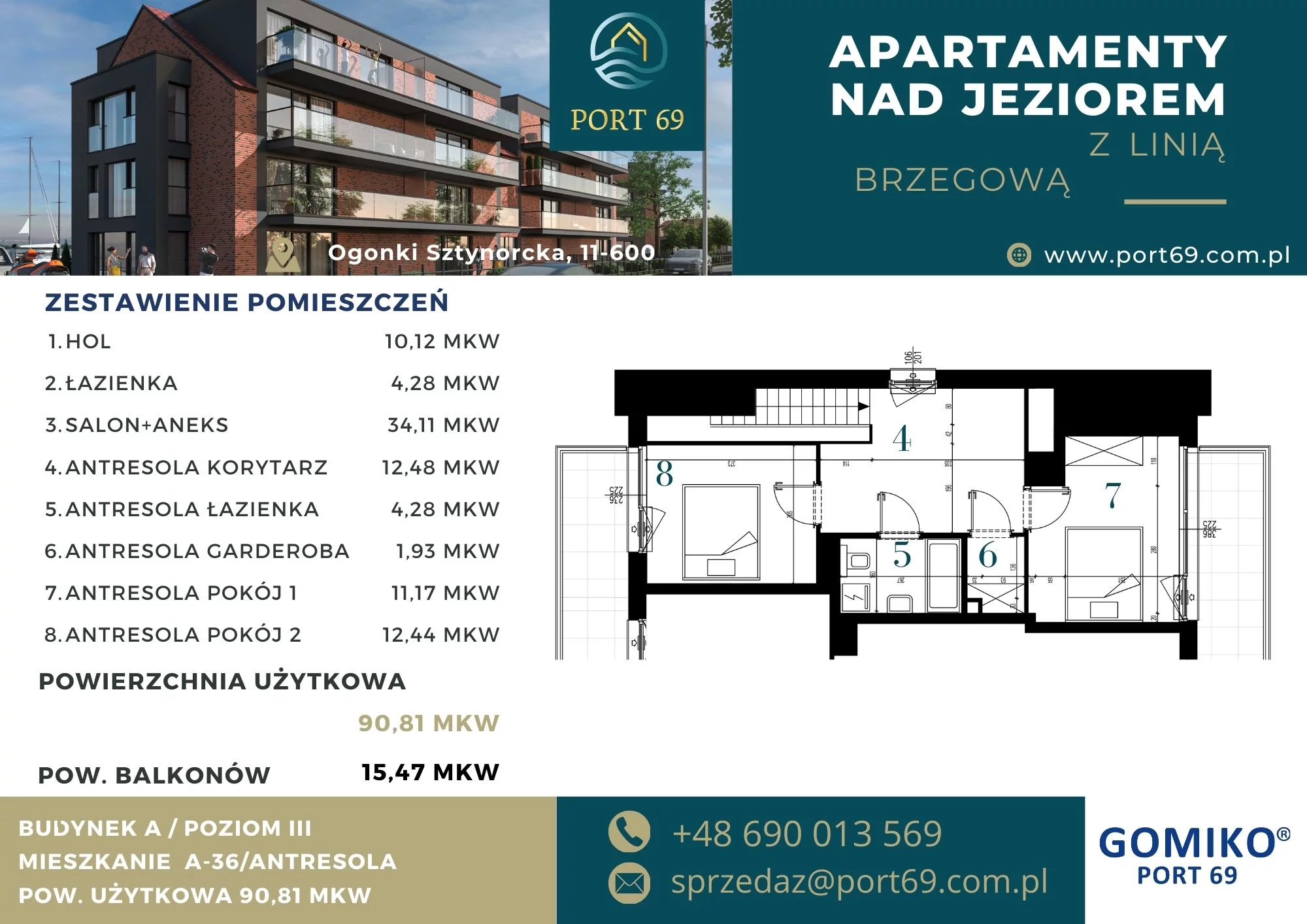 3 pokoje, mieszkanie 90,81 m², piętro 2, oferta nr A-36, Port 69, Ogonki, ul. Sztynorcka 2