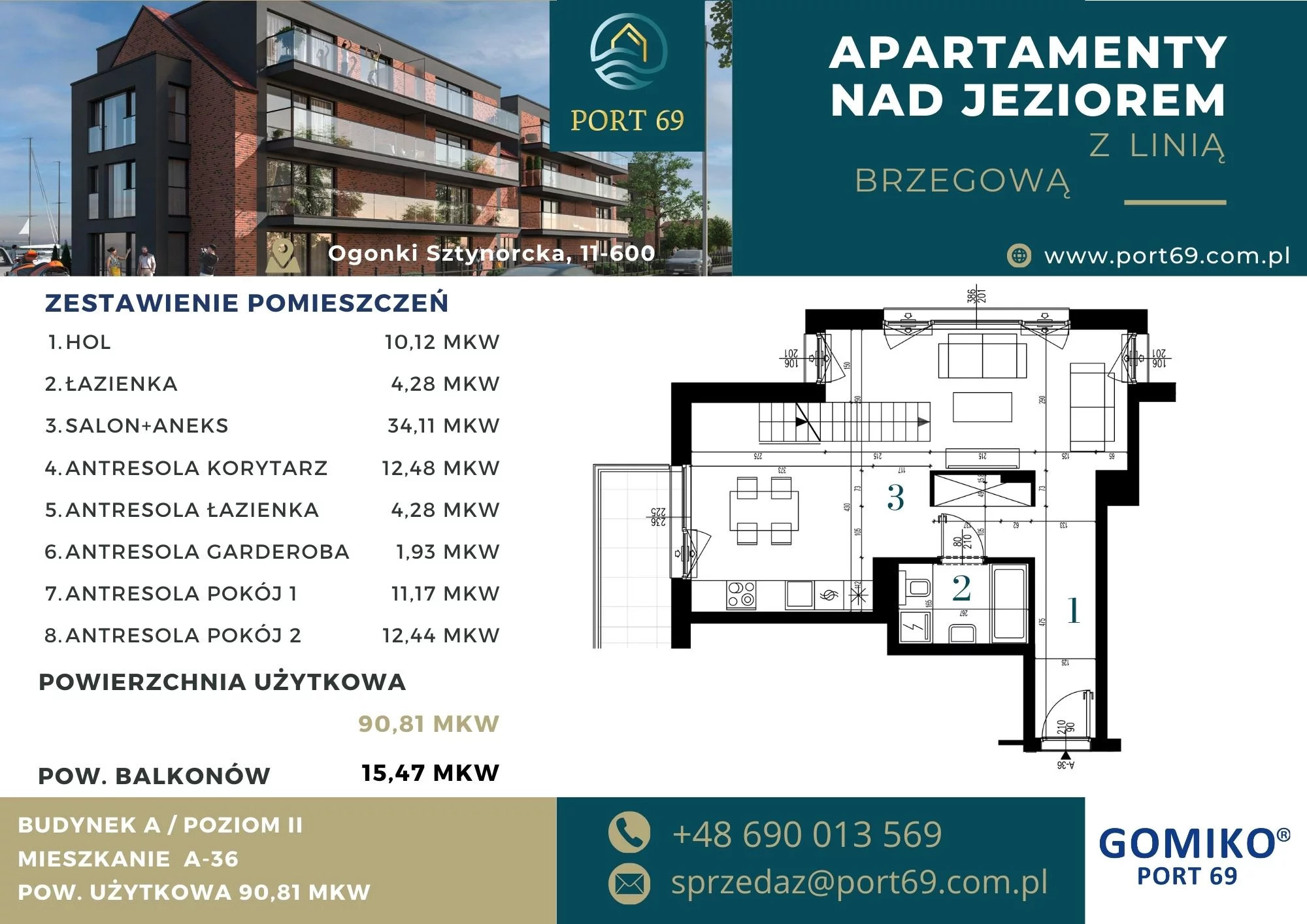 3 pokoje, mieszkanie 90,81 m², piętro 2, oferta nr A-36, Port 69, Ogonki, ul. Sztynorcka 2