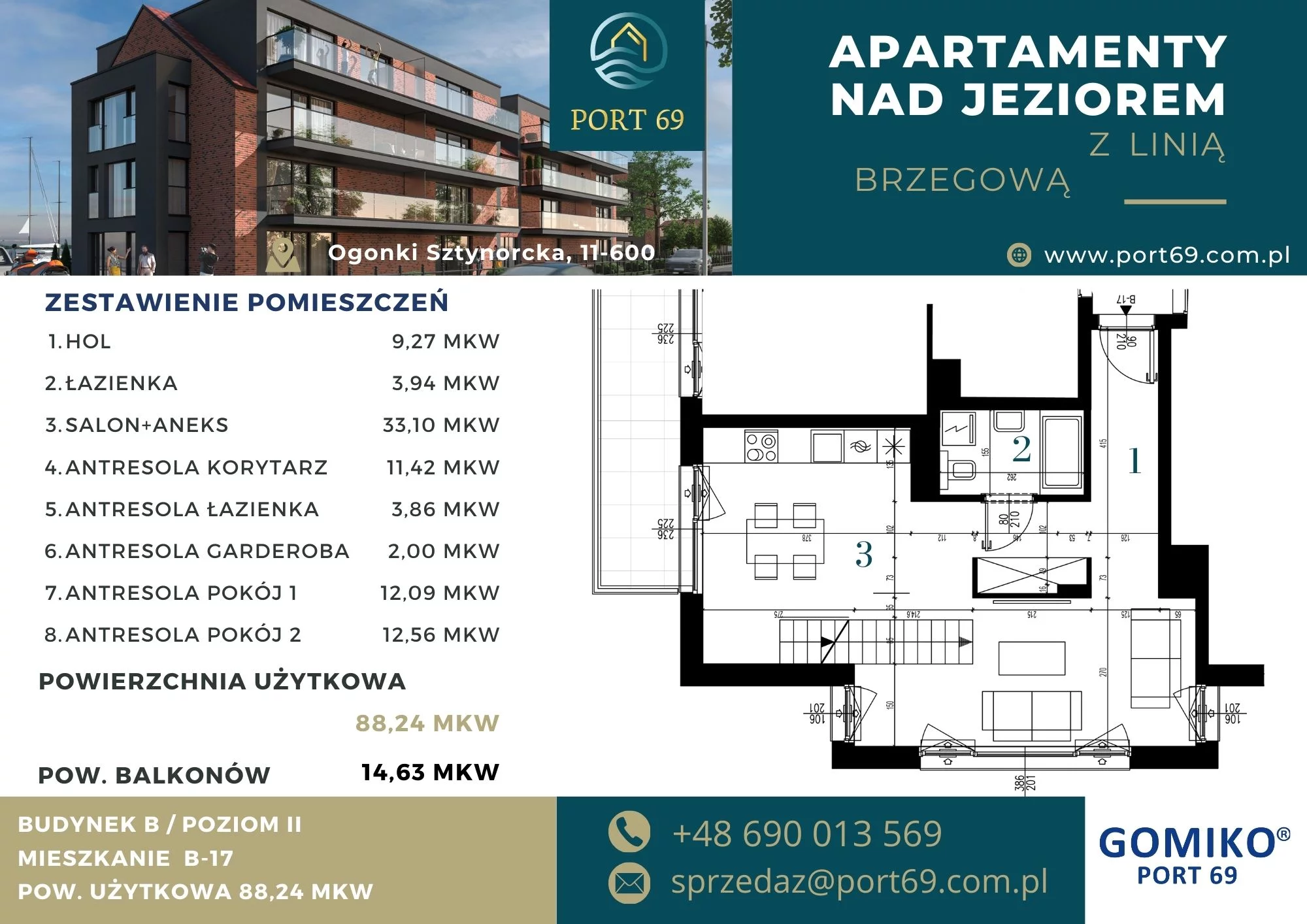 3 pokoje, mieszkanie 88,24 m², piętro 2, oferta nr B-17, Port 69, Ogonki, ul. Sztynorcka 2