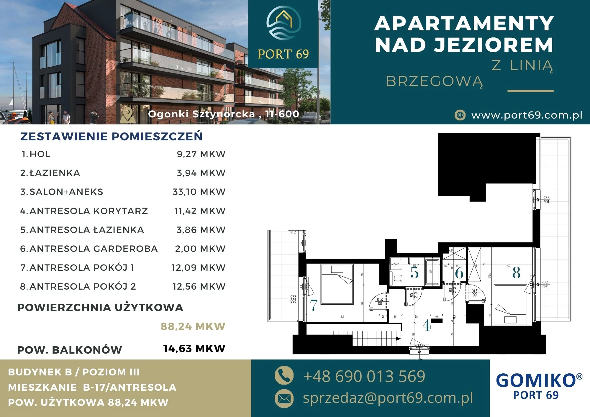3 pokoje, mieszkanie 88,24 m², piętro 2, oferta nr B-17, Port 69, Ogonki, ul. Sztynorcka 2
