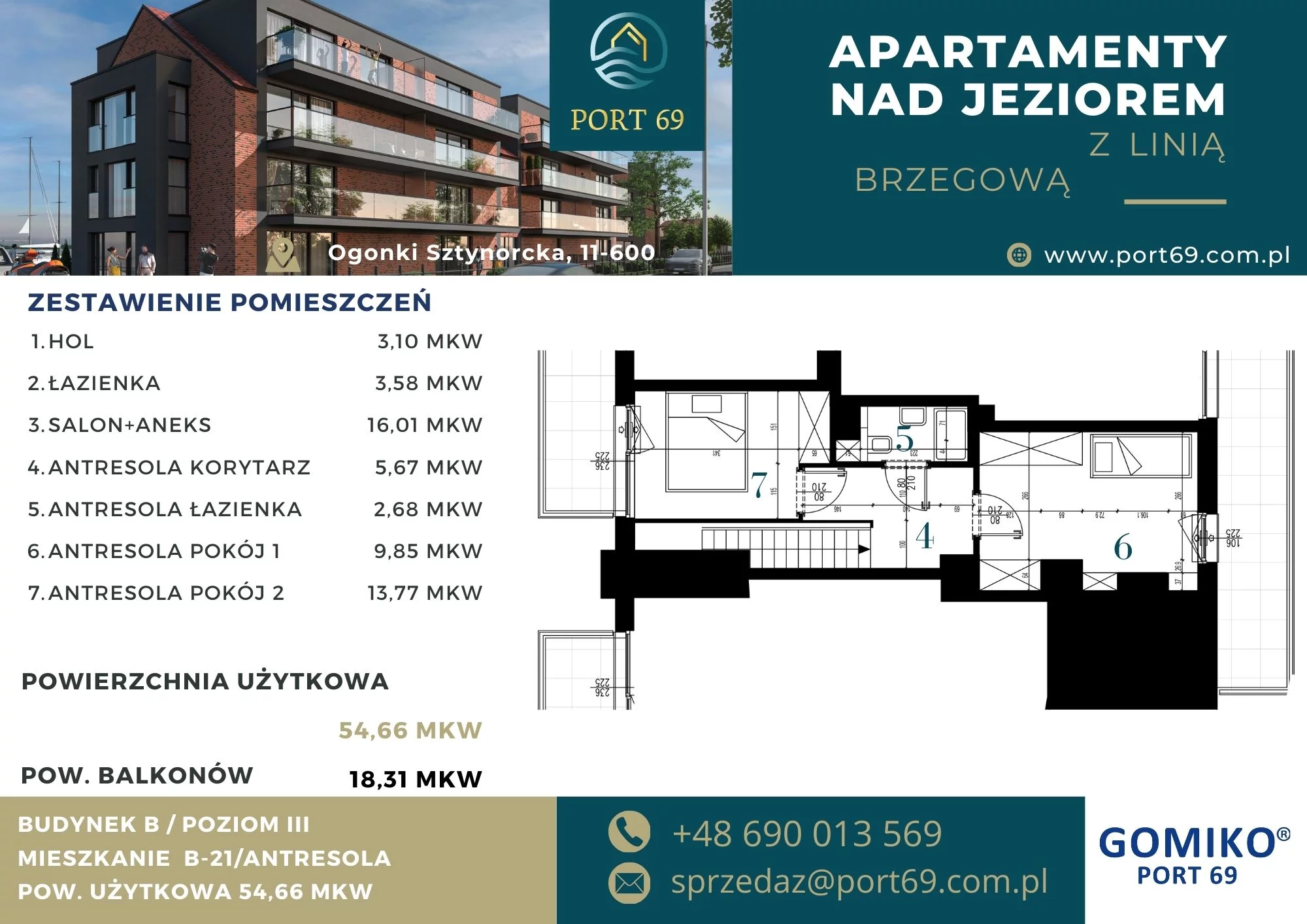 3 pokoje, mieszkanie 54,66 m², piętro 2, oferta nr B-21, Port 69, Ogonki, ul. Sztynorcka 2