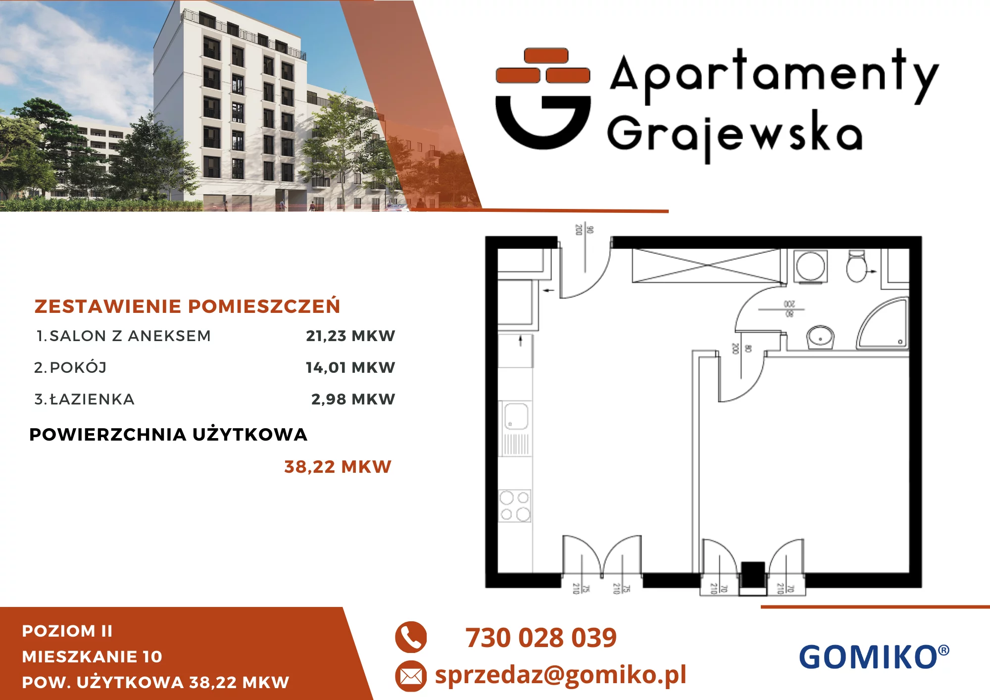 2 pokoje, mieszkanie 40,13 m², piętro 2, oferta nr 10, Apartamenty Grajewska, Warszawa, Praga Północ, Szmulki, ul. Grajewska 19A