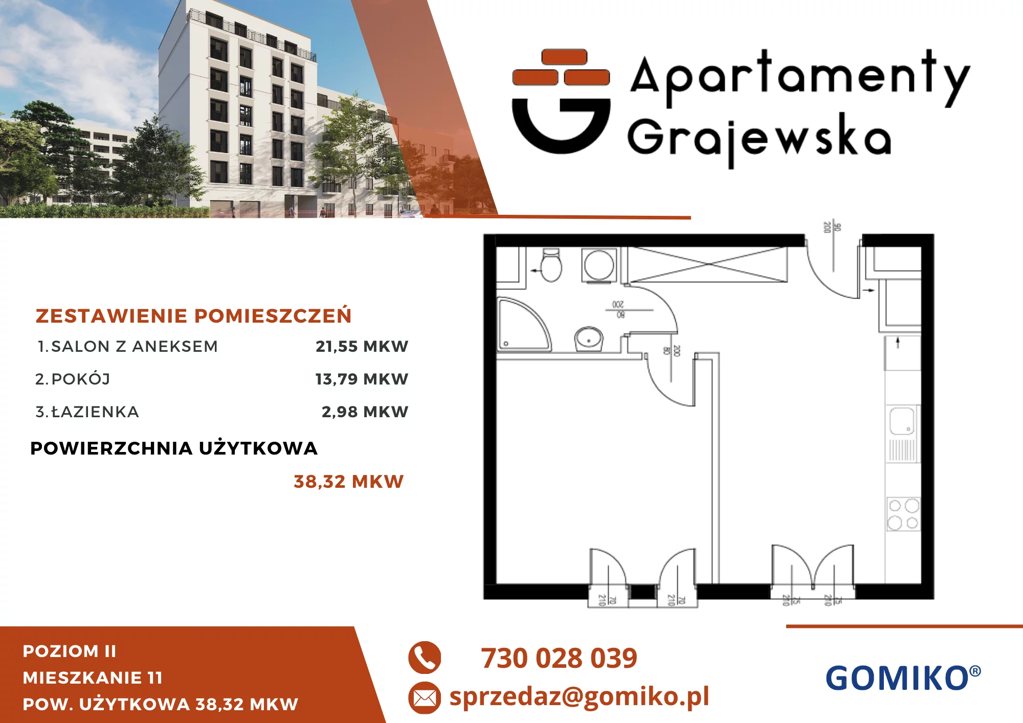 2 pokoje, mieszkanie 39,93 m², piętro 2, oferta nr 11, Apartamenty Grajewska, Warszawa, Praga Północ, Szmulki, ul. Grajewska 19A