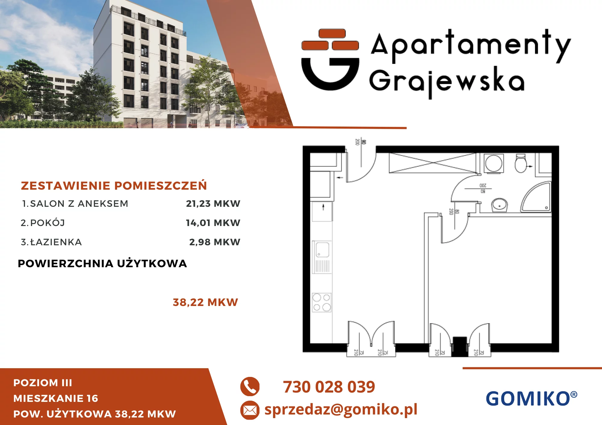 2 pokoje, mieszkanie 40,13 m², piętro 3, oferta nr 16, Apartamenty Grajewska, Warszawa, Praga Północ, Szmulki, ul. Grajewska 19A