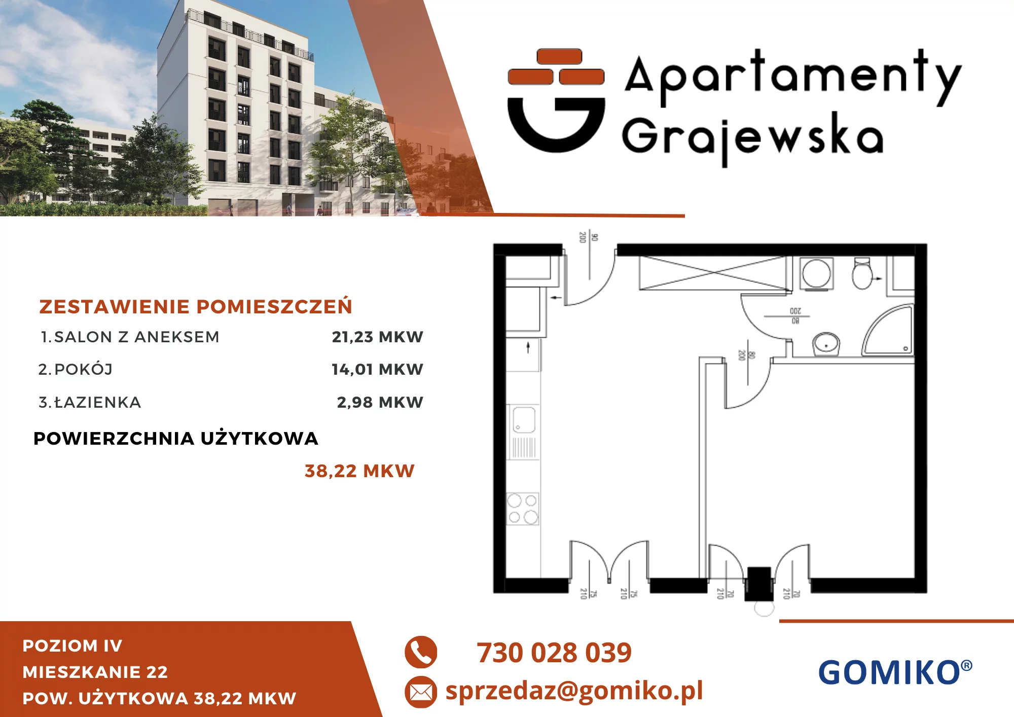 2 pokoje, mieszkanie 40,13 m², piętro 4, oferta nr 22, Apartamenty Grajewska, Warszawa, Praga Północ, Szmulki, ul. Grajewska 19A