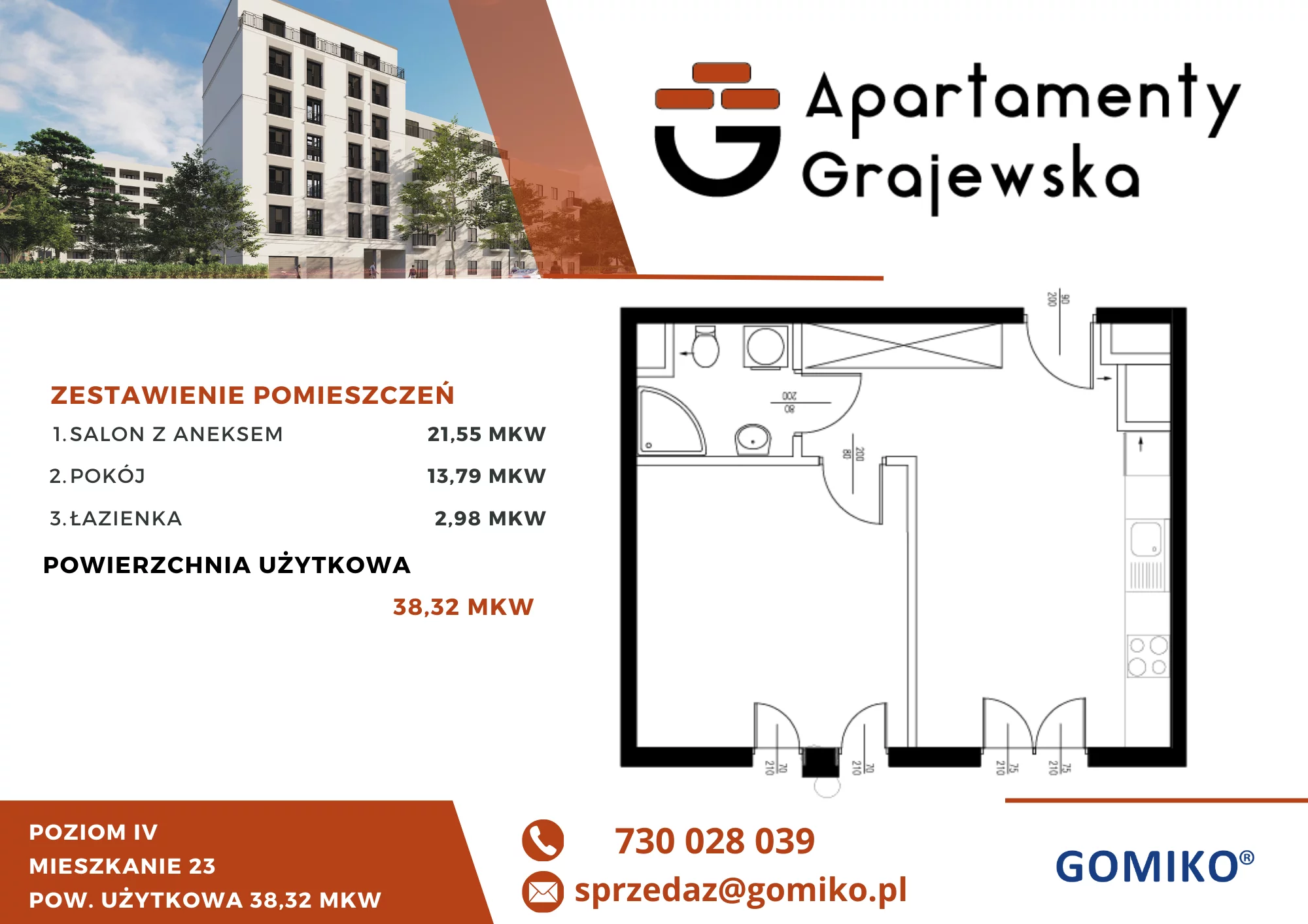 2 pokoje, mieszkanie 39,93 m², piętro 4, oferta nr 23, Apartamenty Grajewska, Warszawa, Praga Północ, Szmulki, ul. Grajewska 19A