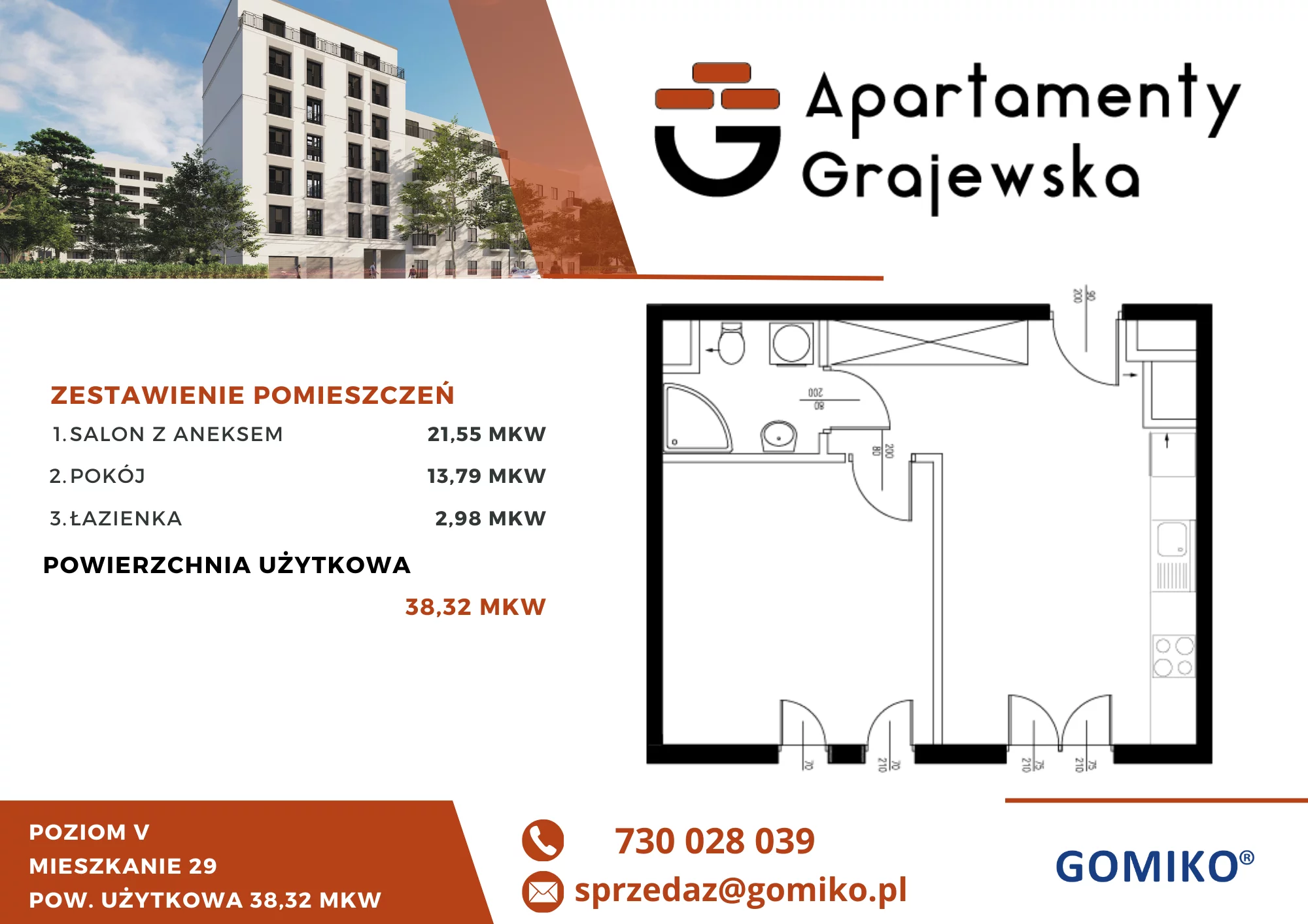 2 pokoje, mieszkanie 39,93 m², piętro 5, oferta nr 29, Apartamenty Grajewska, Warszawa, Praga Północ, Szmulki, ul. Grajewska 19A