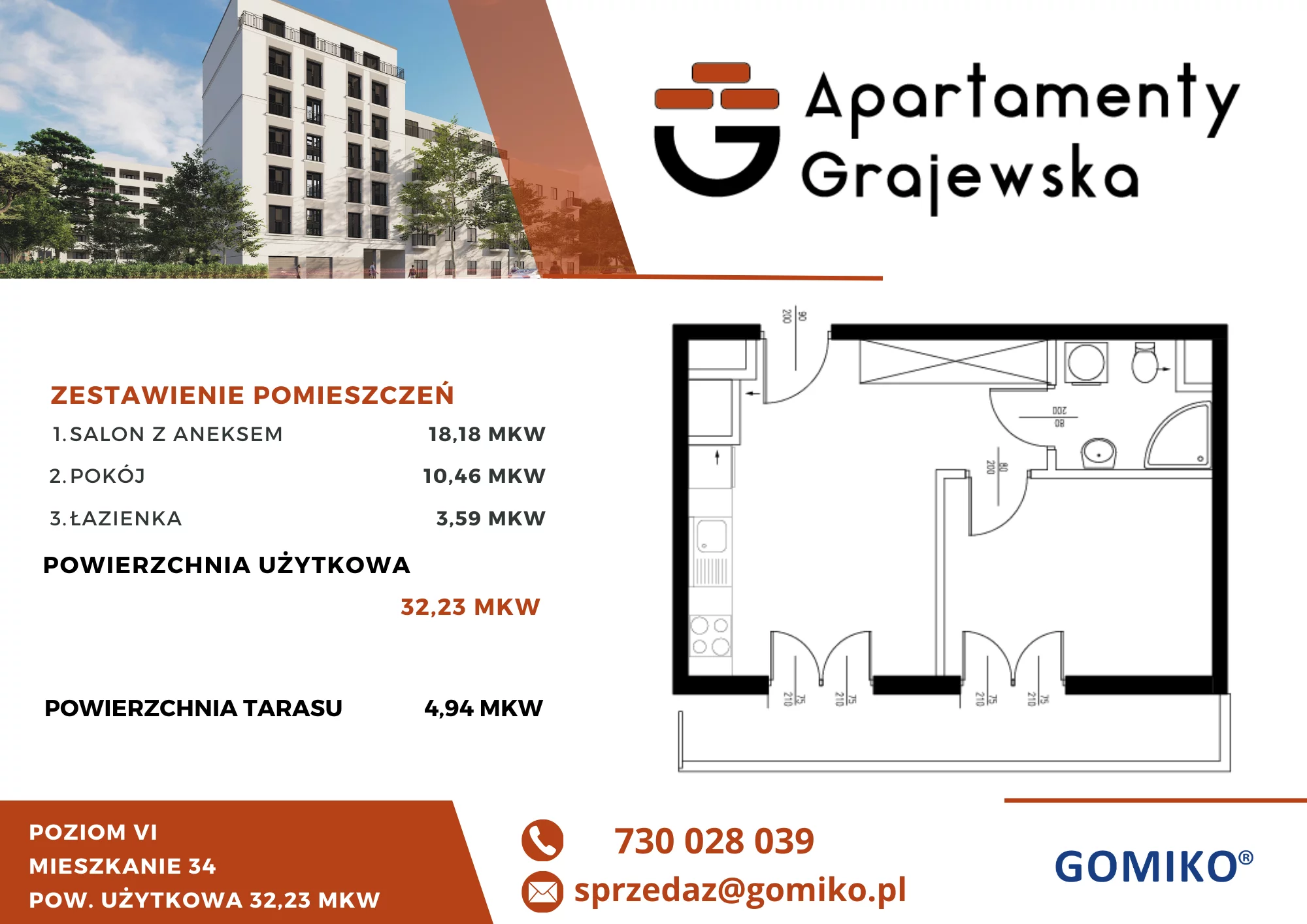 2 pokoje, mieszkanie 32,23 m², piętro 6, oferta nr 34, Apartamenty Grajewska, Warszawa, Praga Północ, Szmulki, ul. Grajewska 19A