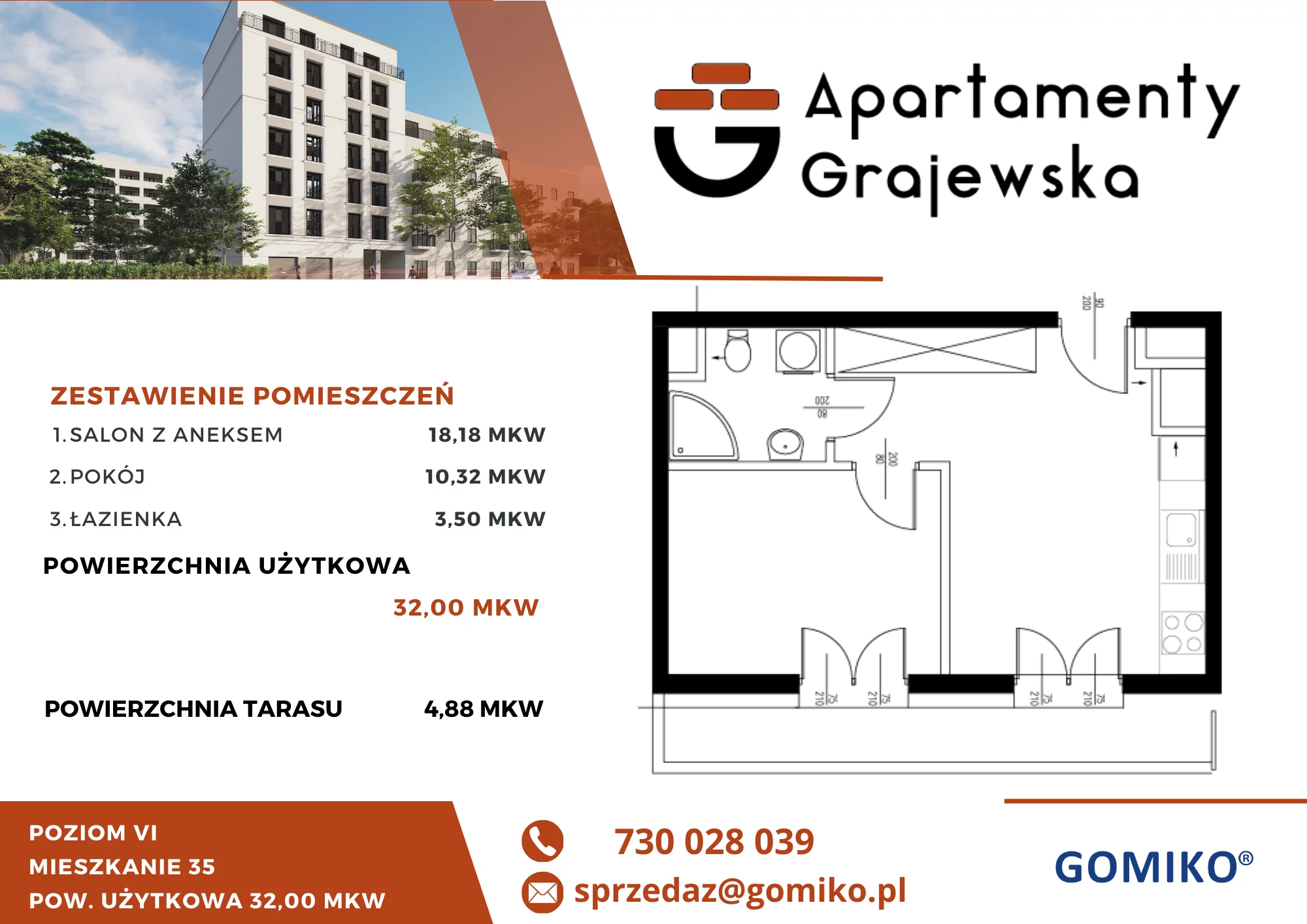 2 pokoje, mieszkanie 32,00 m², piętro 6, oferta nr 35, Apartamenty Grajewska, Warszawa, Praga Północ, Szmulki, ul. Grajewska 19A
