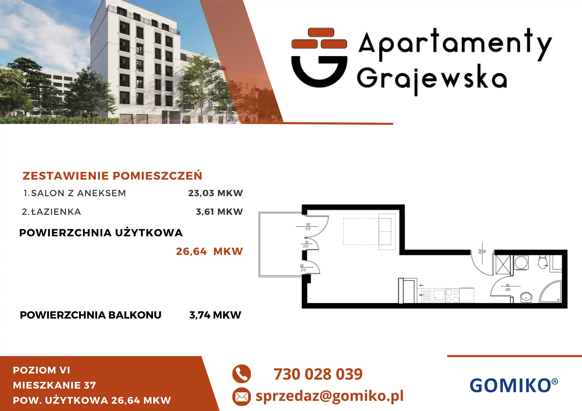 1 pokój, mieszkanie 26,64 m², piętro 6, oferta nr 37, Apartamenty Grajewska, Warszawa, Praga Północ, Szmulki, ul. Grajewska 19A