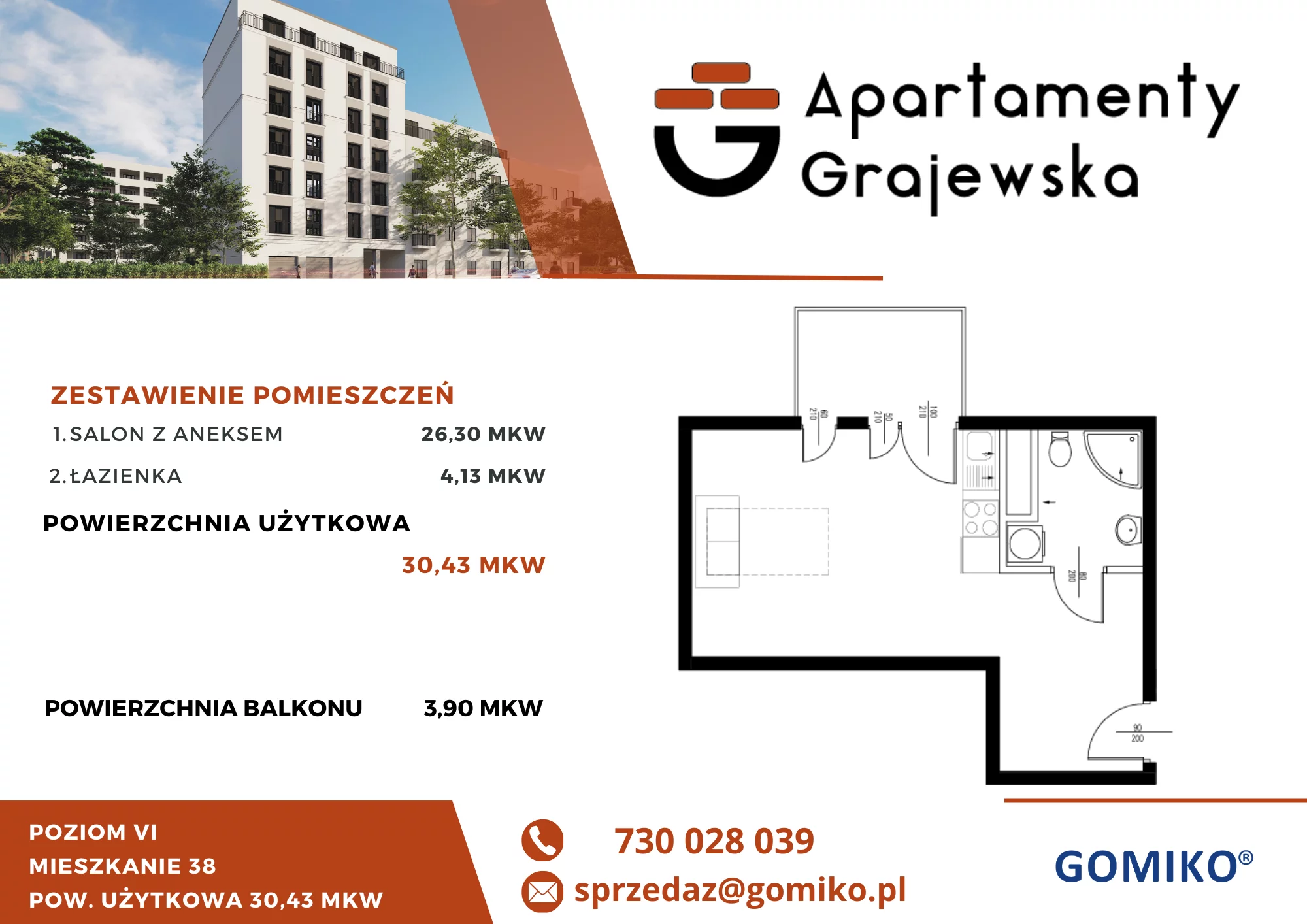 1 pokój, mieszkanie 30,43 m², piętro 6, oferta nr 38, Apartamenty Grajewska, Warszawa, Praga Północ, Szmulki, ul. Grajewska 19A