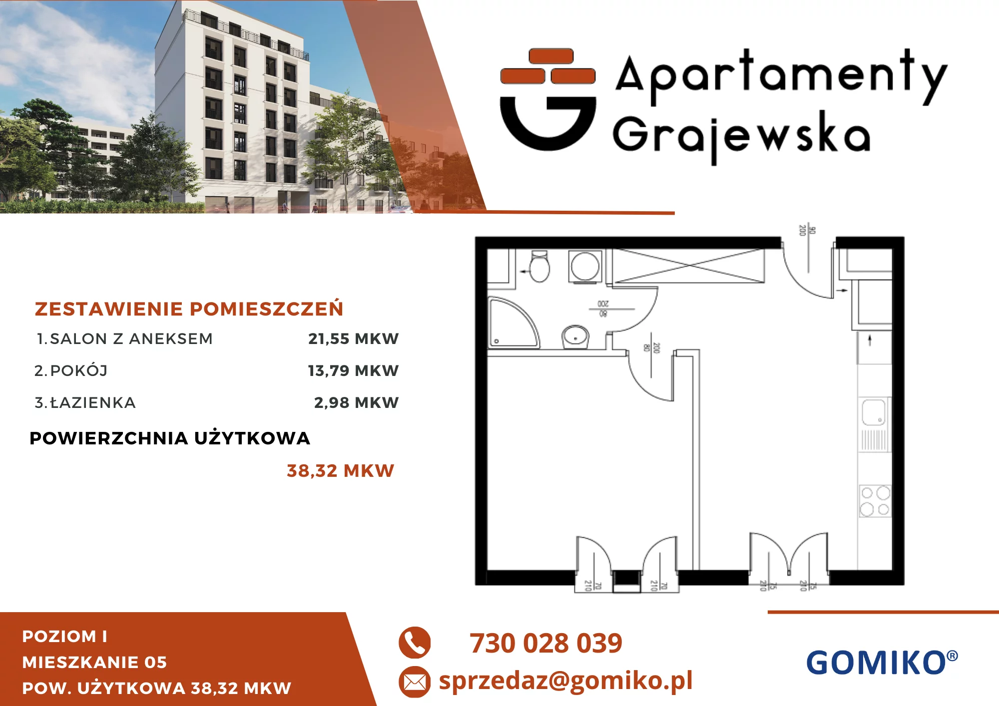 2 pokoje, mieszkanie 39,93 m², piętro 1, oferta nr 5, Apartamenty Grajewska, Warszawa, Praga Północ, Szmulki, ul. Grajewska 19A