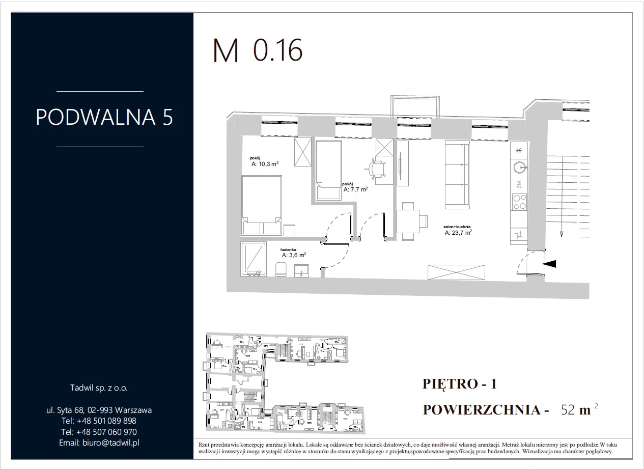 3 pokoje, mieszkanie 52,00 m², piętro 1, oferta nr M0.16, Podwalna 5, Radom, Śródmieście,  Podwalna 5