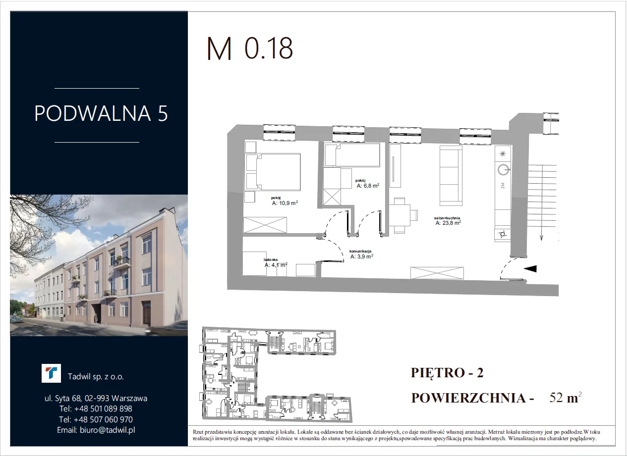 3 pokoje, mieszkanie 52,00 m², piętro 2, oferta nr M0.18, Podwalna 5, Radom, Śródmieście,  Podwalna 5