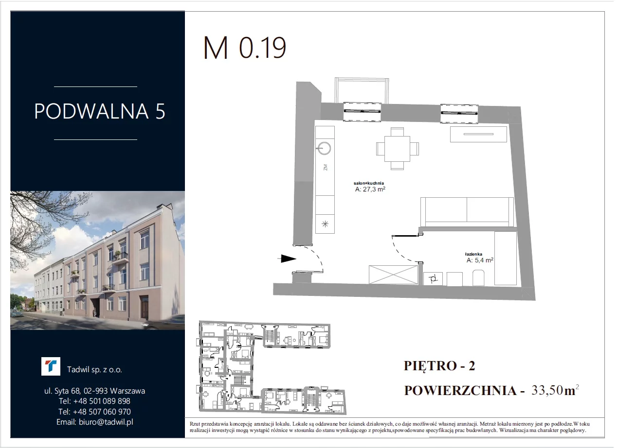 1 pokój, mieszkanie 33,50 m², piętro 2, oferta nr M0.19, Podwalna 5, Radom, Śródmieście,  Podwalna 5