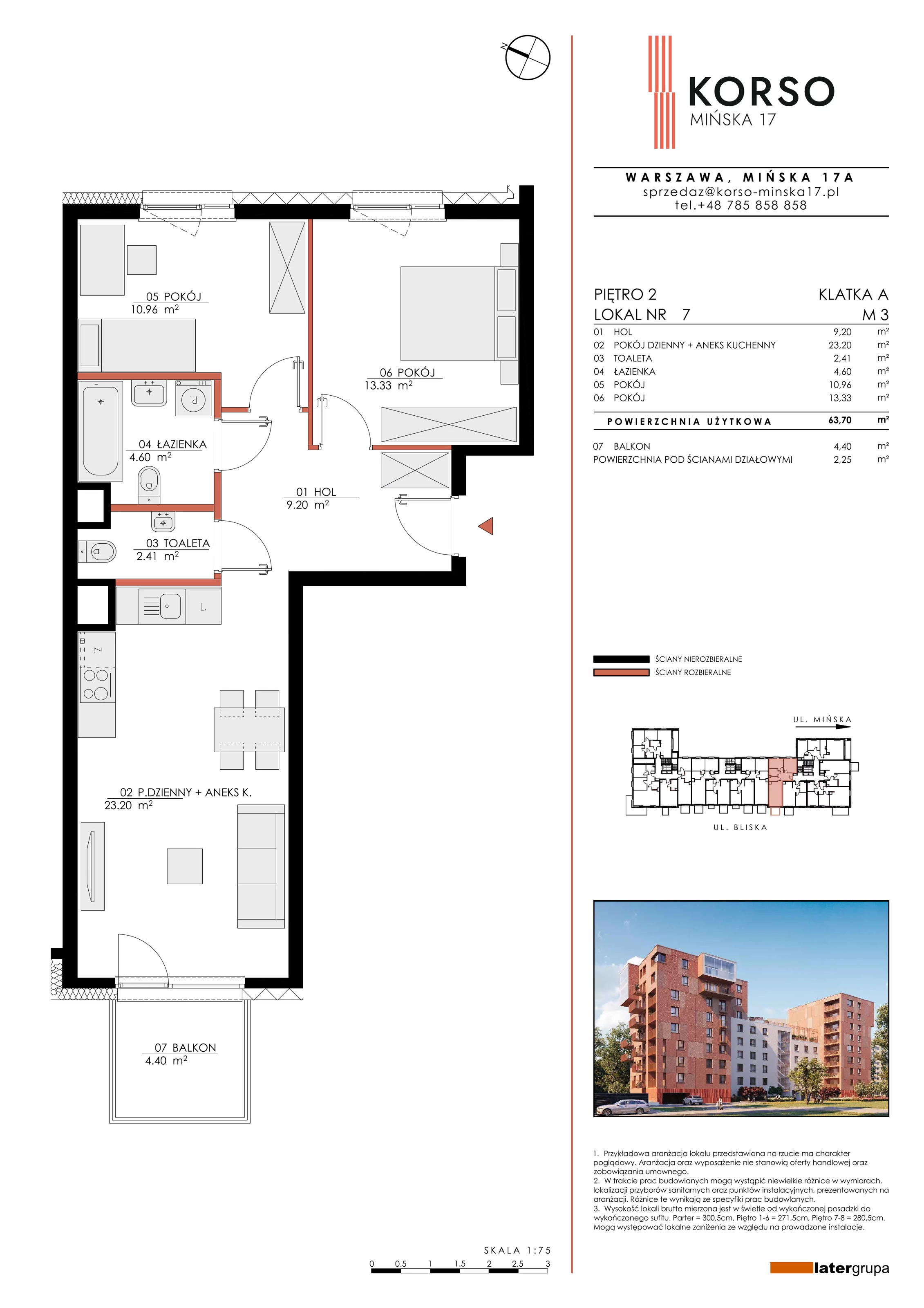 3 pokoje, apartament 63,70 m², piętro 2, oferta nr 7, KORSO Mińska 17, Warszawa, Praga Południe, Kamionek, ul. Mińska 17