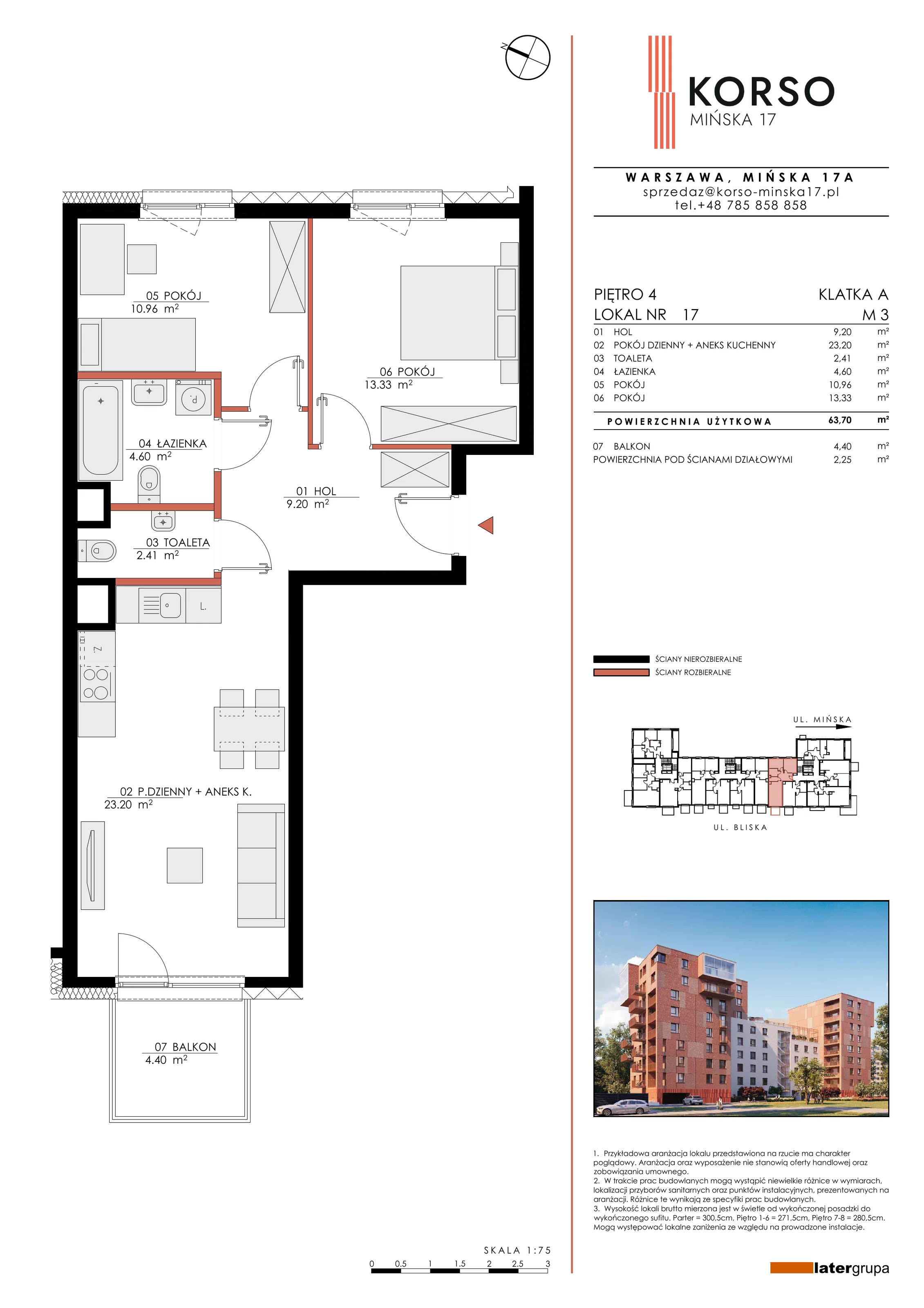 3 pokoje, mieszkanie 63,70 m², piętro 4, oferta nr 17, KORSO Mińska 17, Warszawa, Praga Południe, Kamionek, ul. Mińska 17