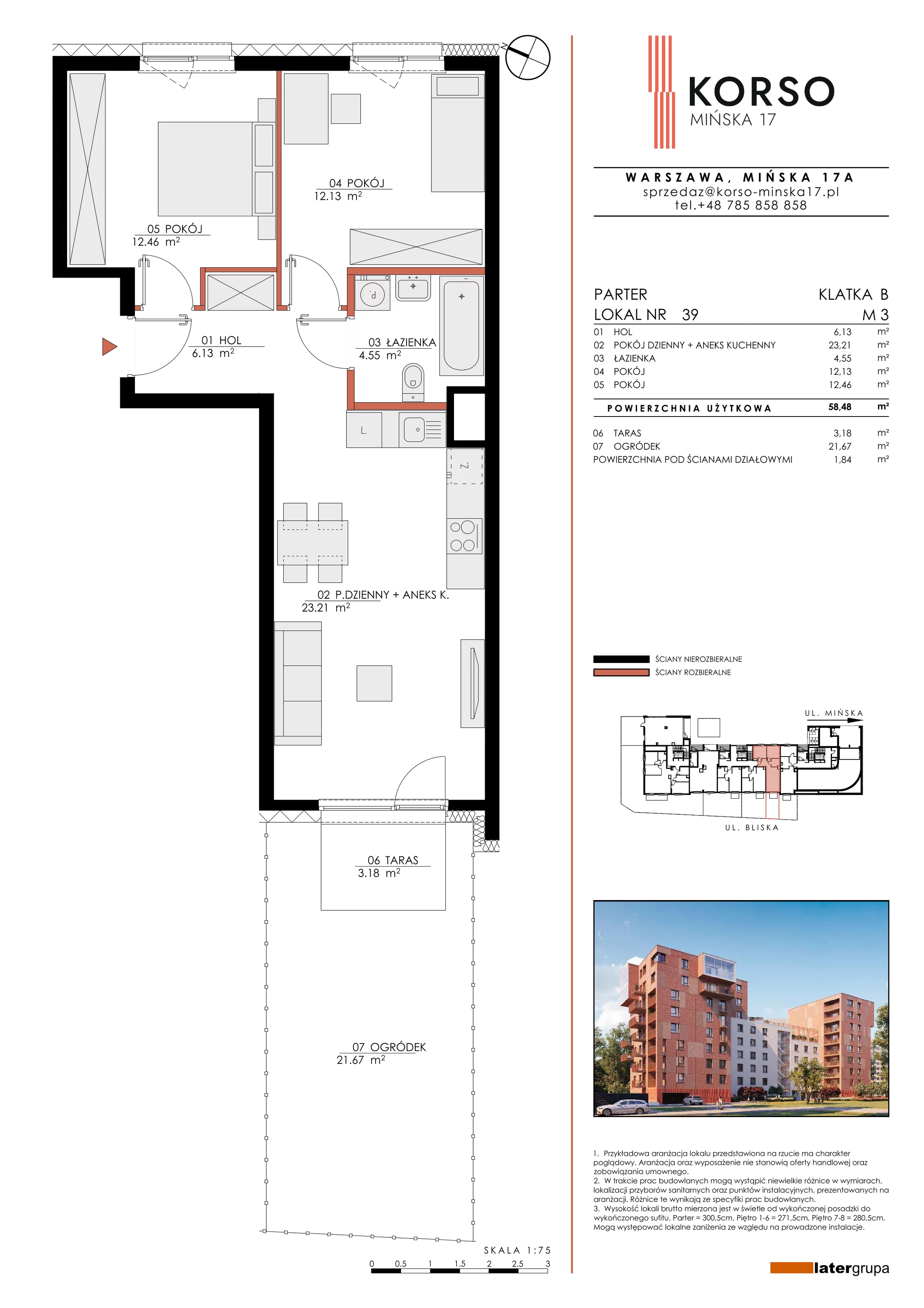 3 pokoje, mieszkanie 58,48 m², parter, oferta nr 39, KORSO Mińska 17, Warszawa, Praga Południe, Kamionek, ul. Mińska 17